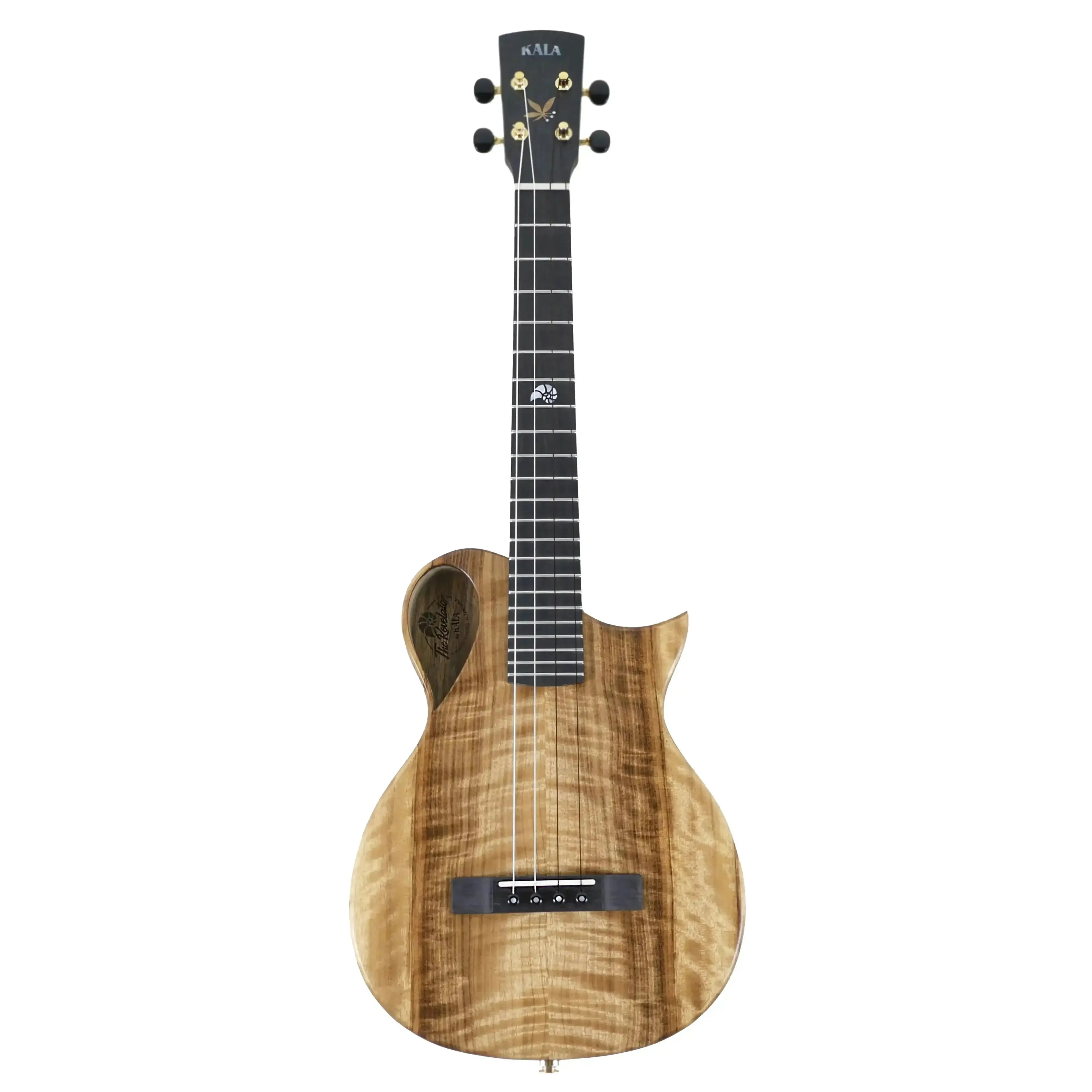 Kala Revelator Nautilus Myrtle Tenor Ukulele with a light brown wavy wood grain finish and Florentine cutaway.