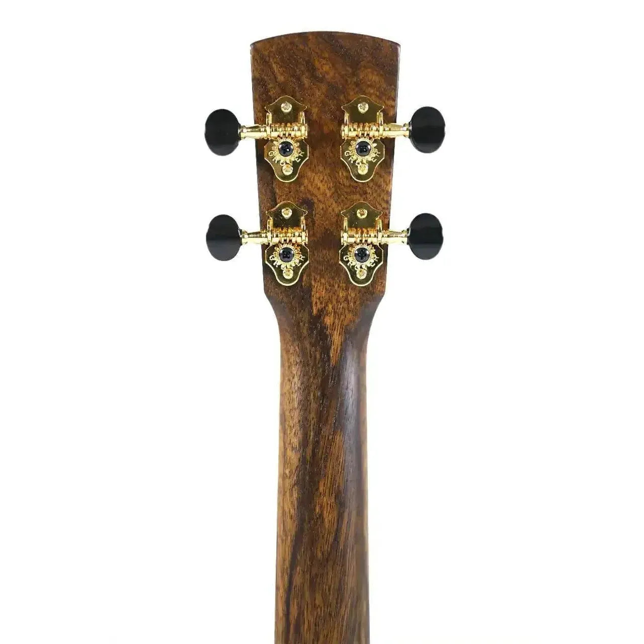 Kala Revelator Nautilus Tenor Ukulele headstock with gold tuners and dark wood grain.