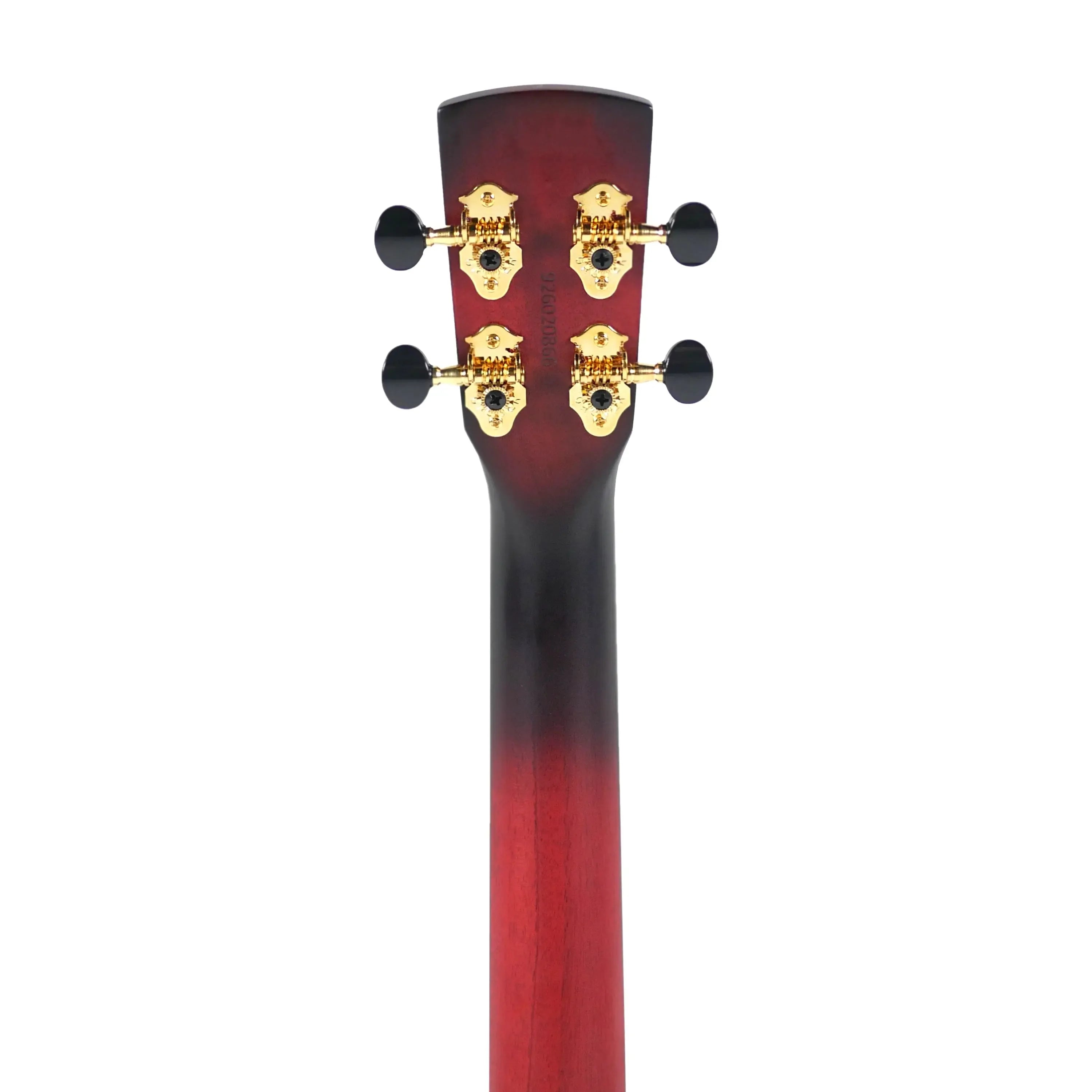 Kala Revelator Nautilus Tenor Ukulele headstock and neck with gold tuners and red glow finish.
