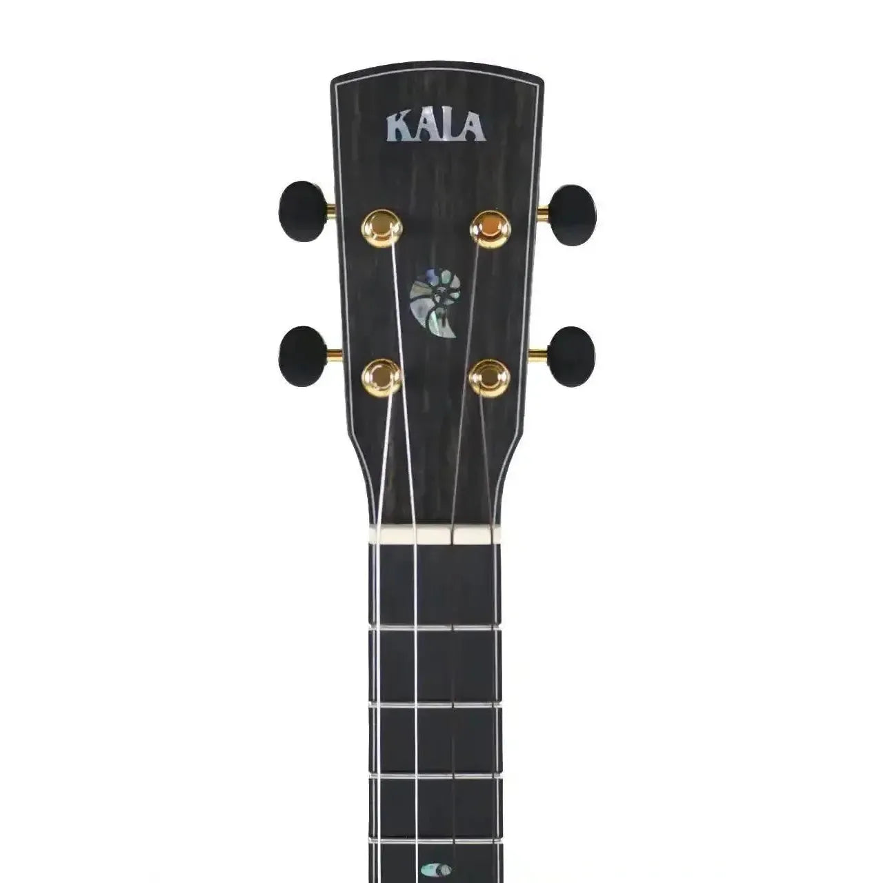 Kala Tenor Ukulele headstock with black finish, gold tuners, and abalone nautilus inlay.