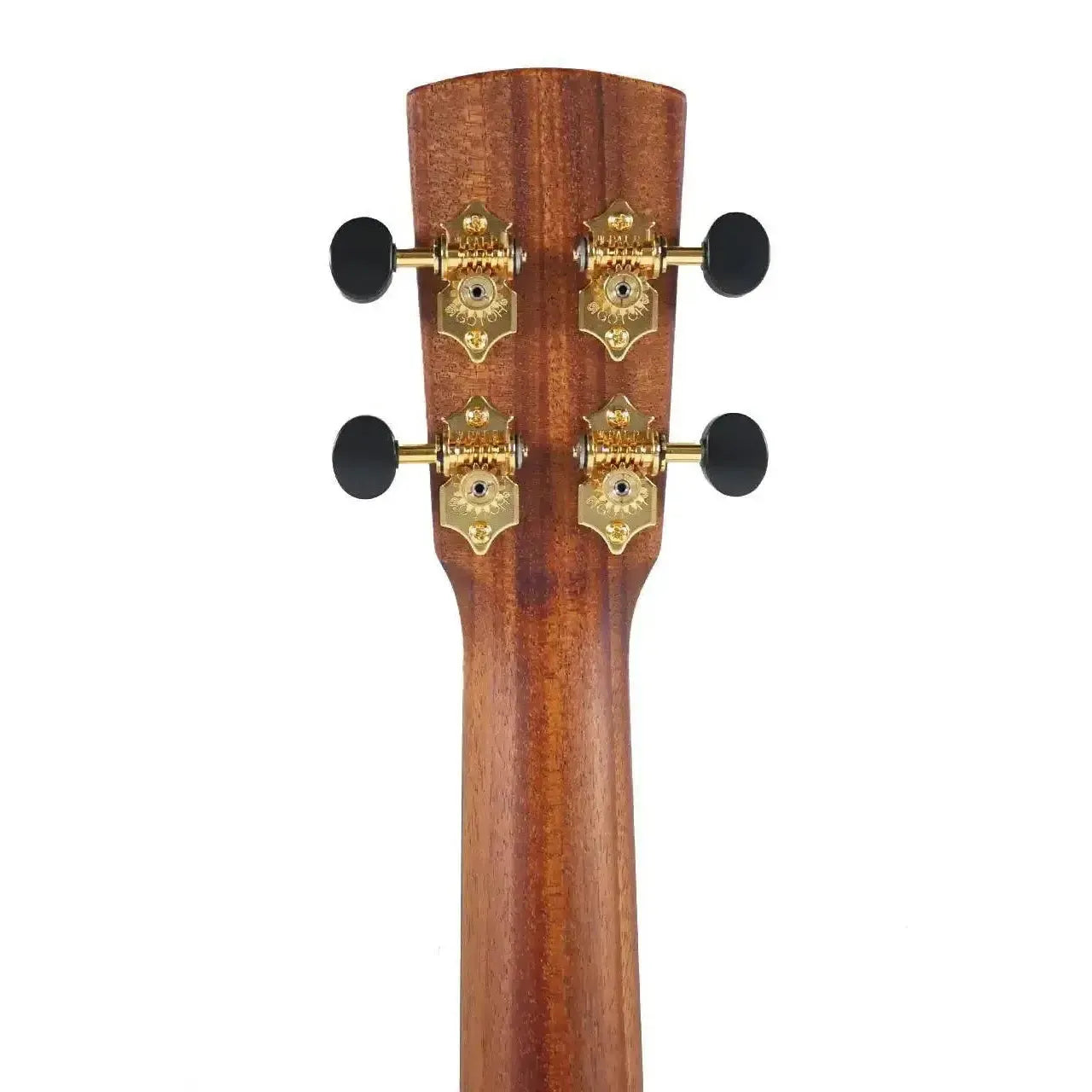 Kala NSL-T Tenor Ukulele headstock with gold Gotoh tuners and black buttons on a mahogany neck.