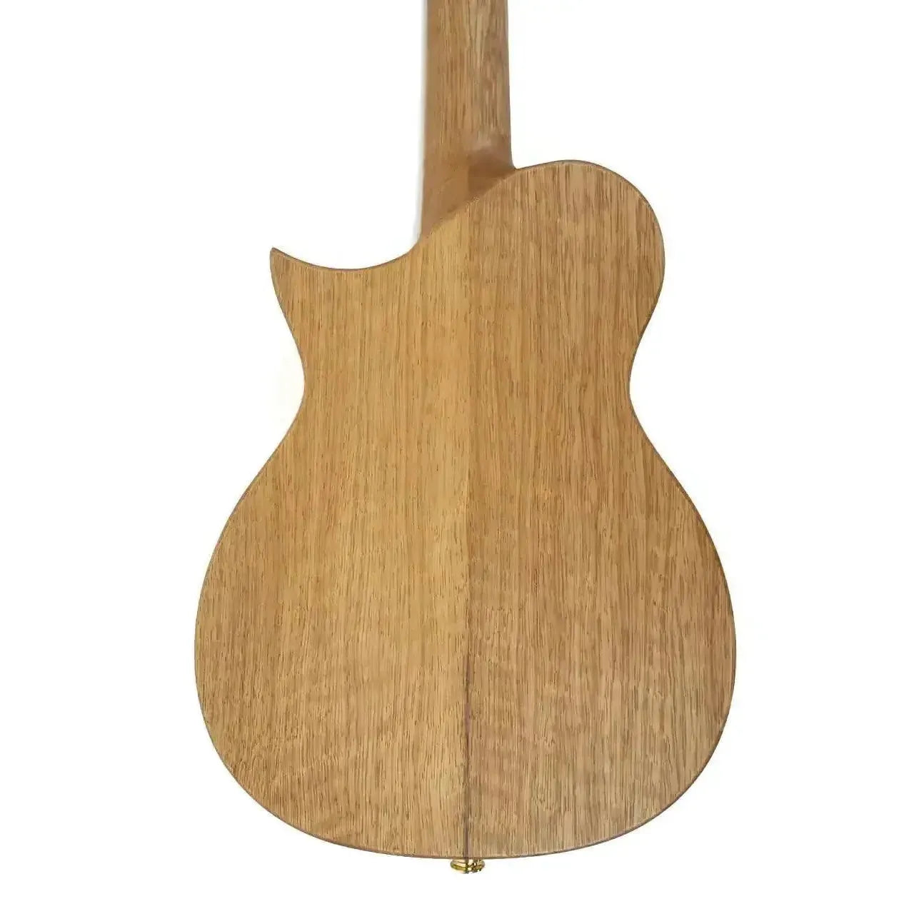 Back of Kala Revelator Nautilus Mastergrade Korina Tenor Ukulele, showing light wood grain and Florentine cutaway.
