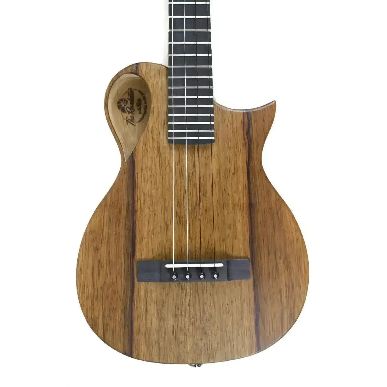 Kala Revelator Nautilus Korina Tenor Ukulele with unique Florentine cutaway and dark wood grain.