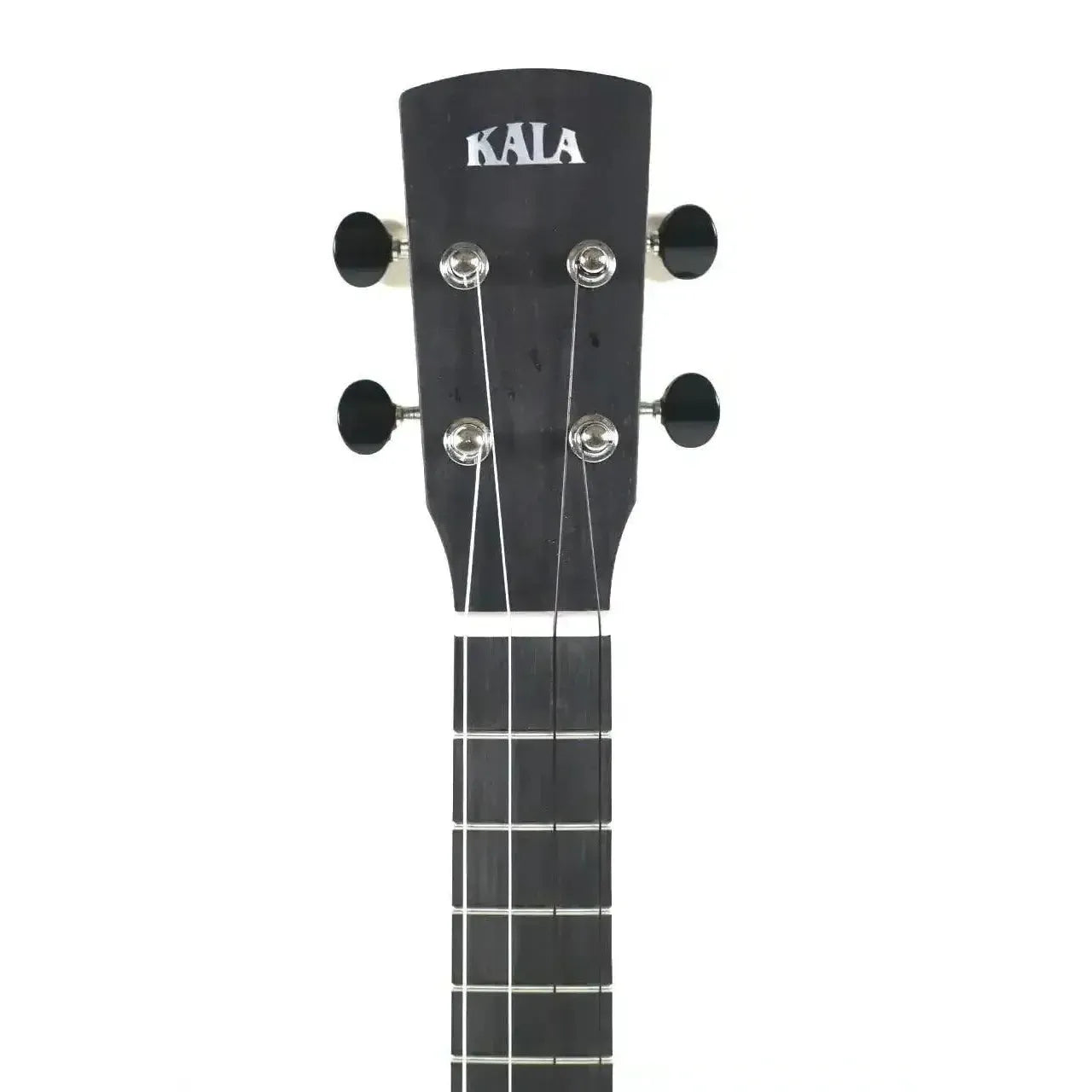 Kala ukulele headstock and fretboard, dark wood with white logo and silver tuners.