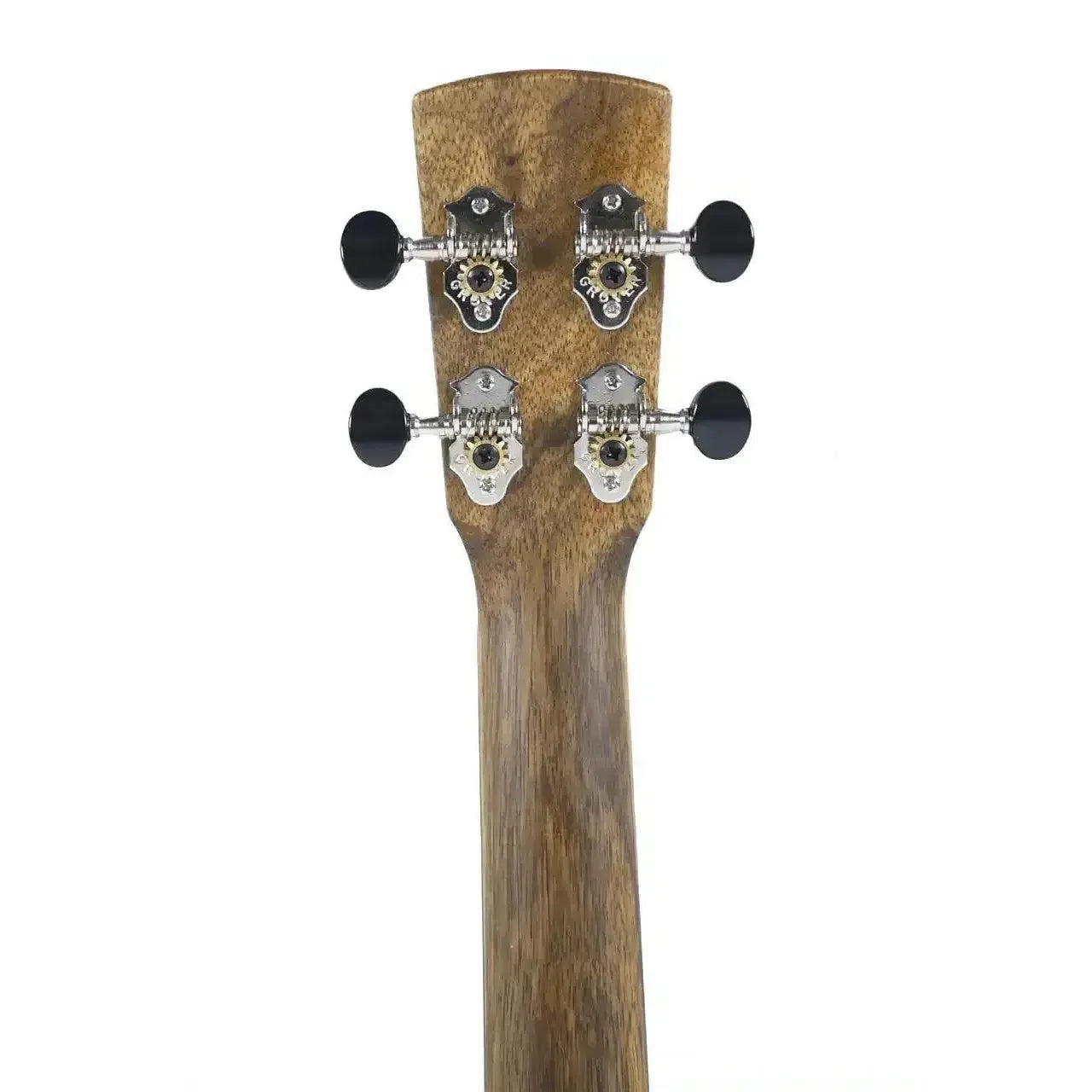 Kala Revelator Nautilus Korina tenor ukulele headstock with black tuners.