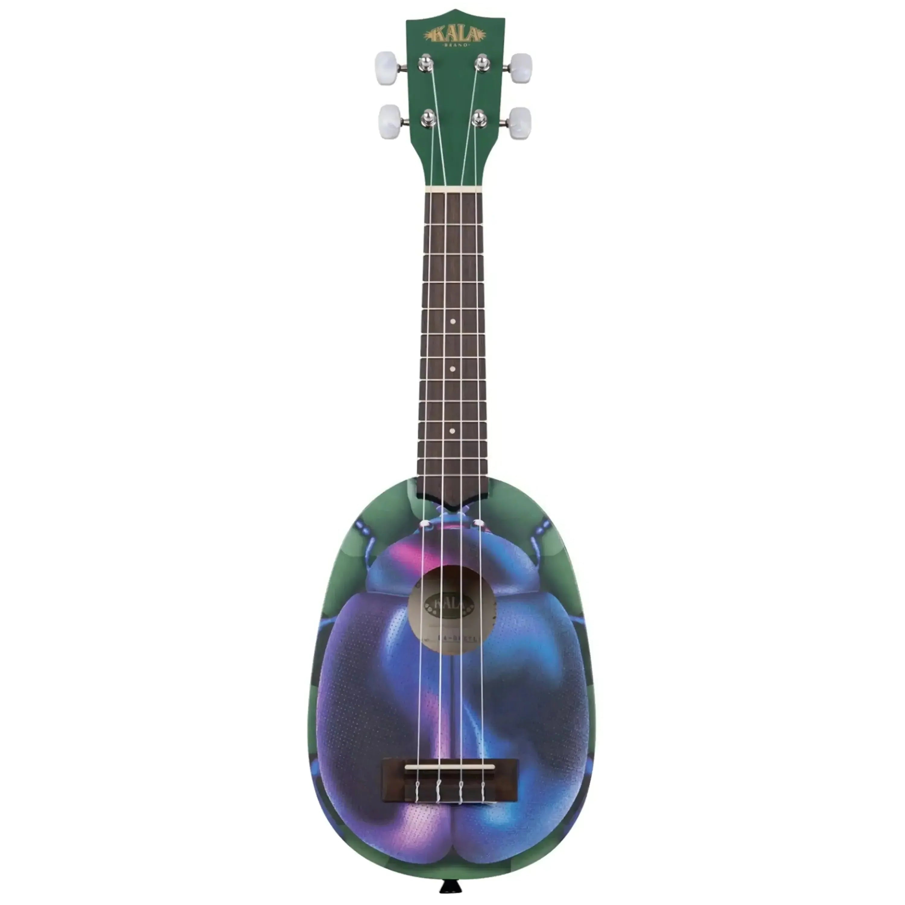 Kala Blue Beetle Pineapple Soprano Ukulele with a green headstock and a purple-blue beetle graphic on the body.
