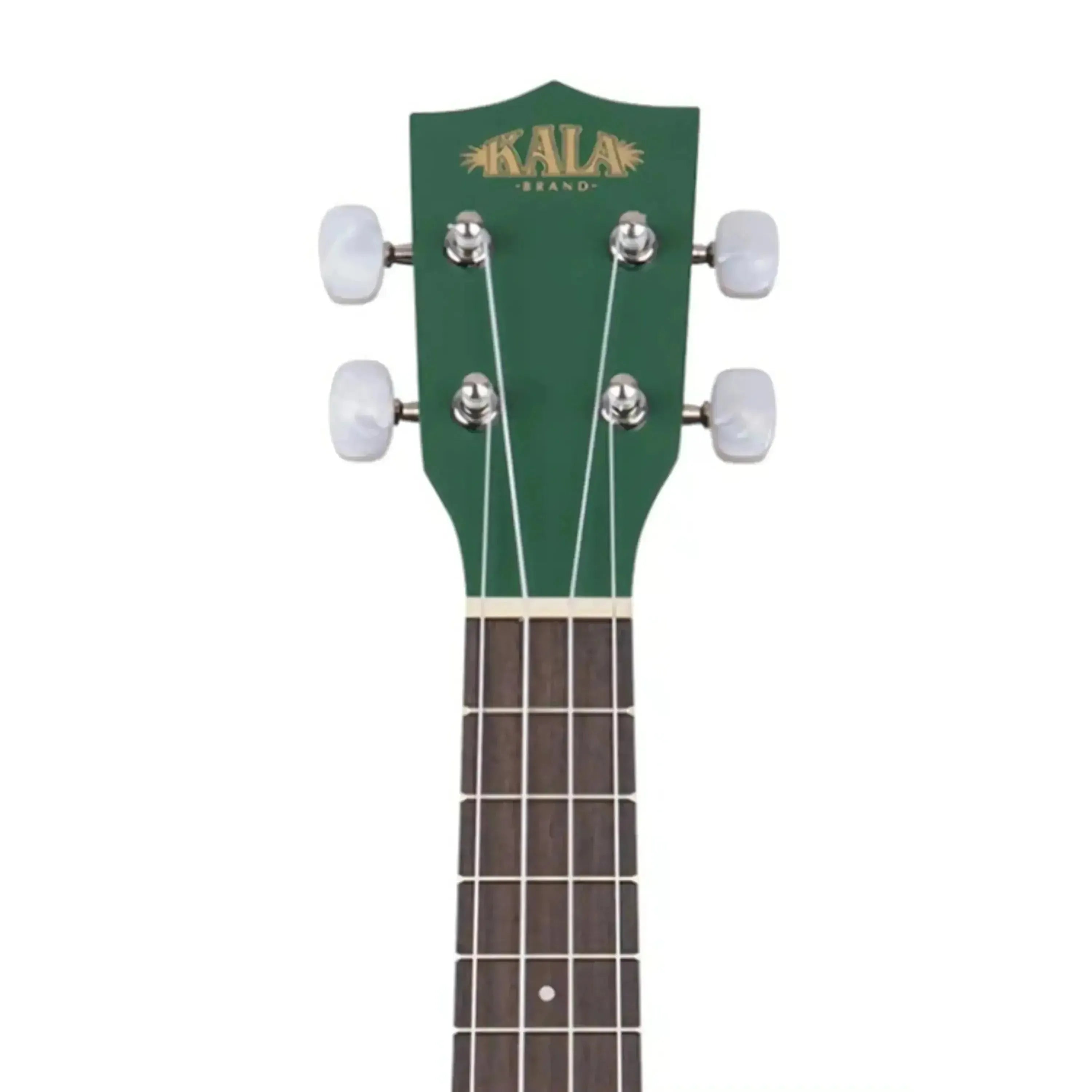 Kala Blue Beetle Soprano Ukulele headstock in green with white tuners and dark rosewood fingerboard.
