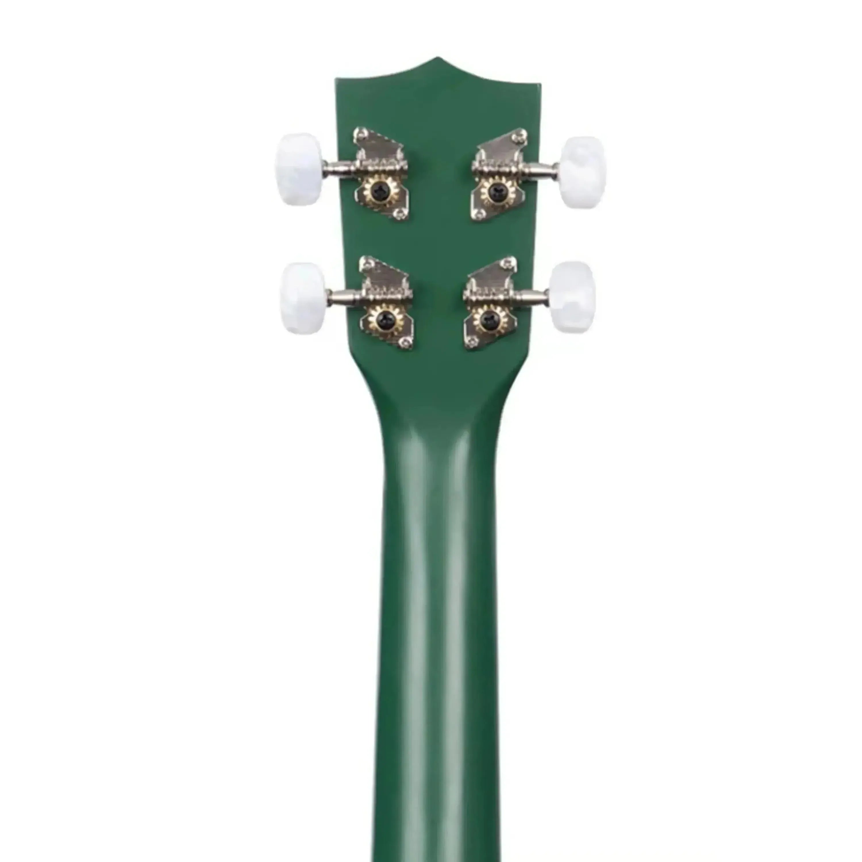 Kala Blue Beetle pineapple soprano ukulele headstock, dark green mahogany, chrome open gear tuners, white buttons.