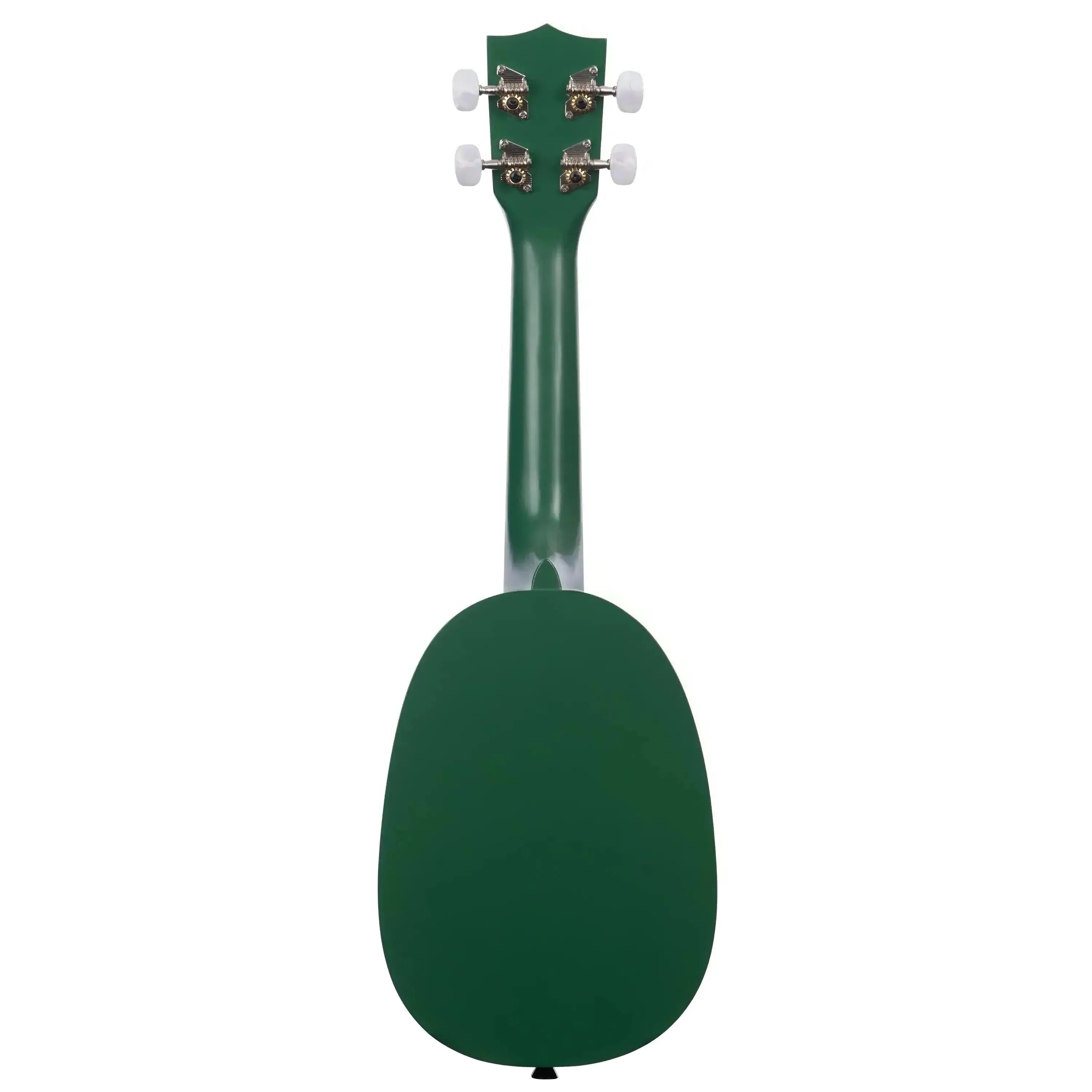 Back of a dark green Kala Guacalele pineapple soprano ukulele with chrome tuners and a black strap button.