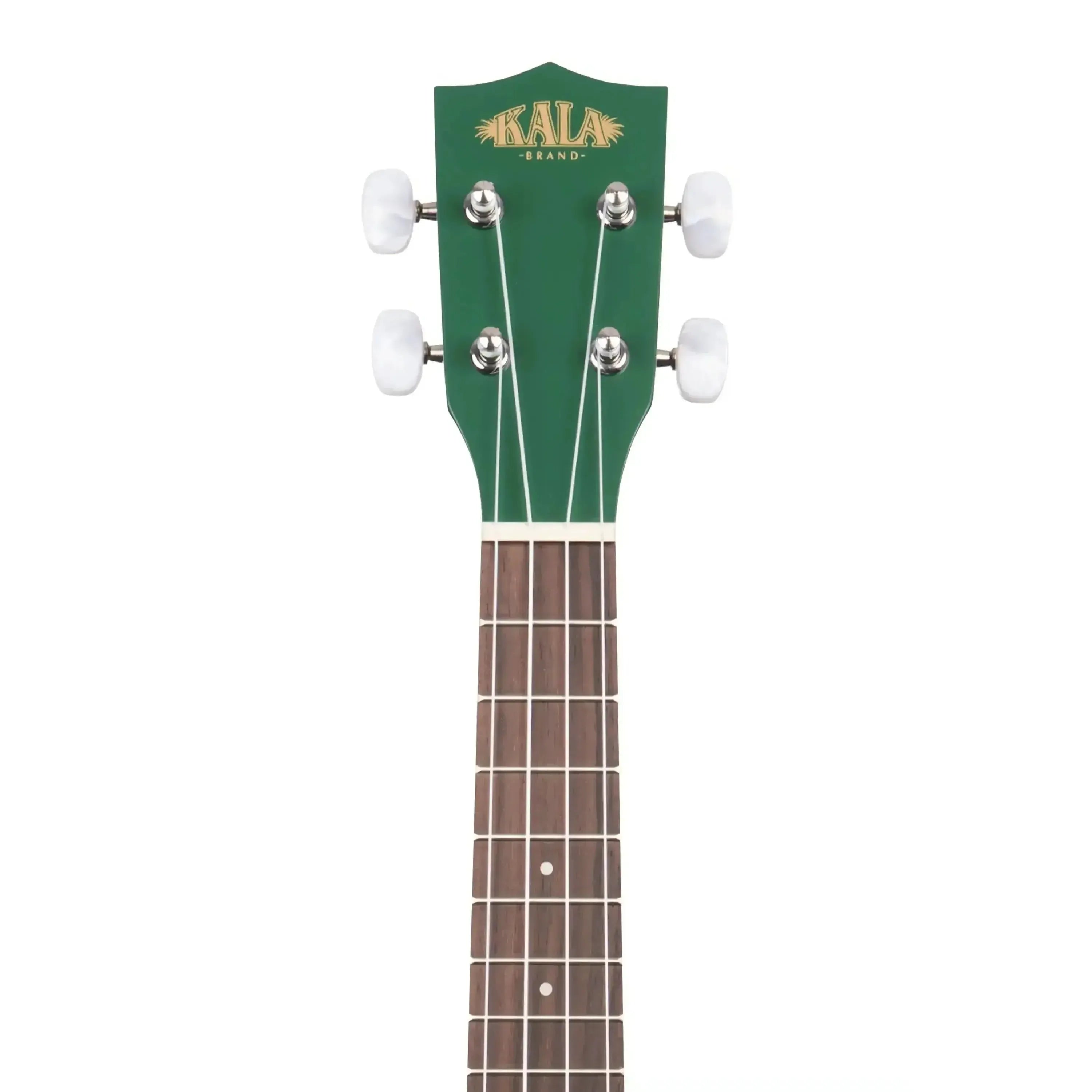 Kala Guacalele ukulele headstock with green finish, white tuners, and rosewood fingerboard.