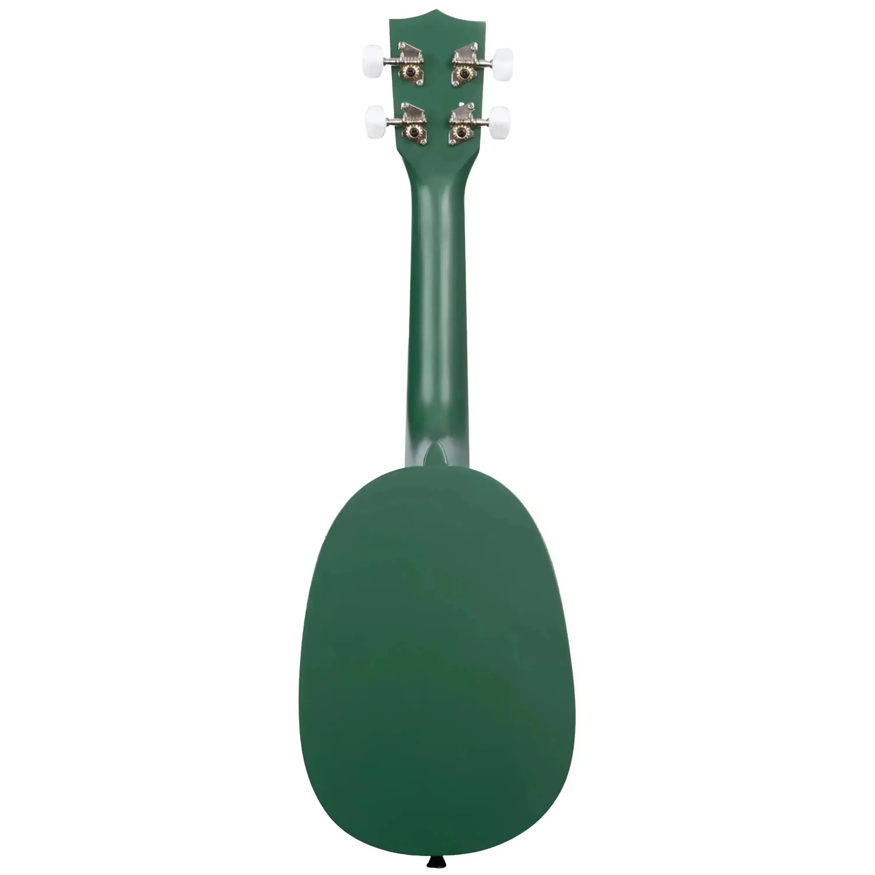 Back of a green Kala Ladybug pineapple soprano ukulele with chrome open gear tuners.