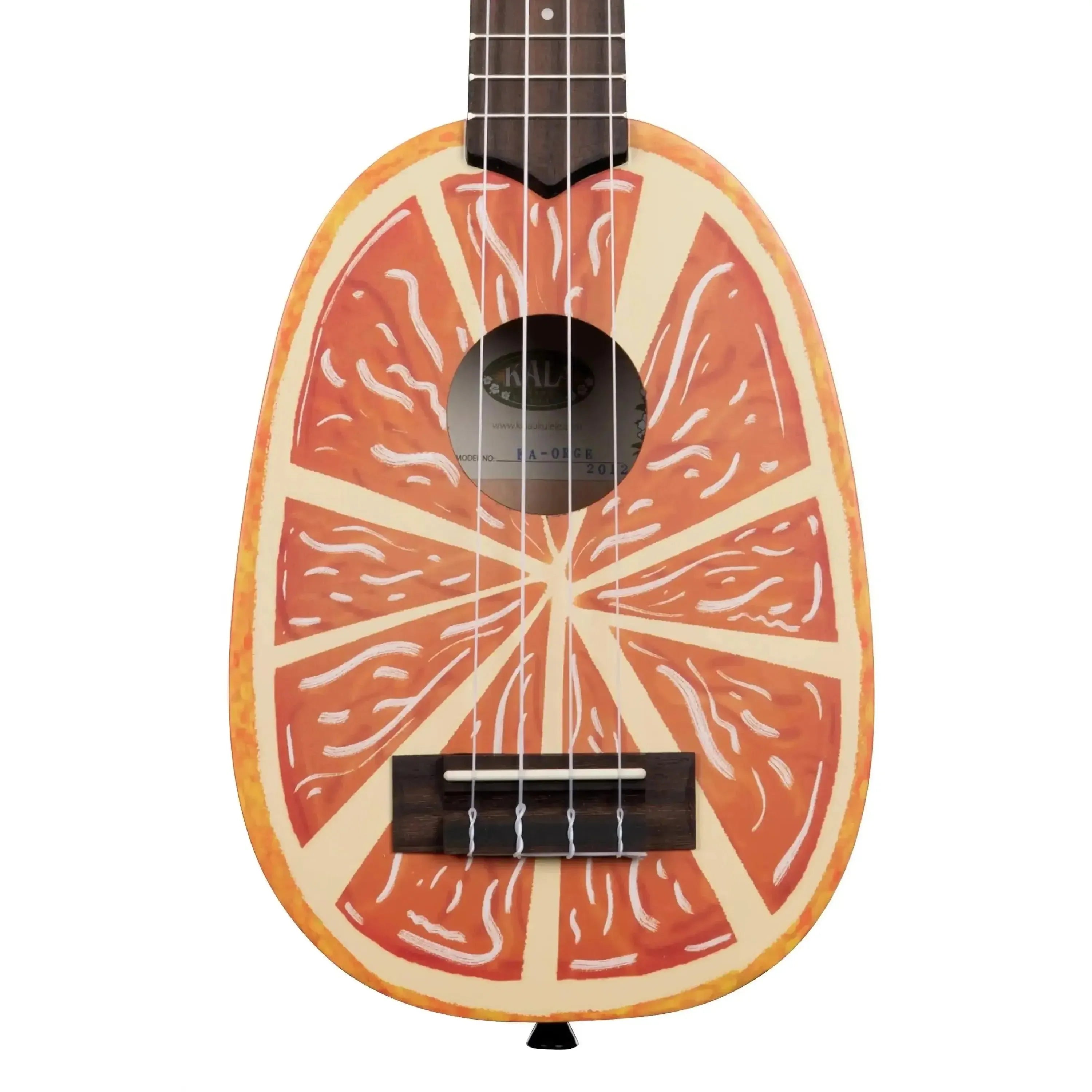 Kala Orange Pineapple Soprano Ukulele with a vibrant orange slice design on the mahogany body.