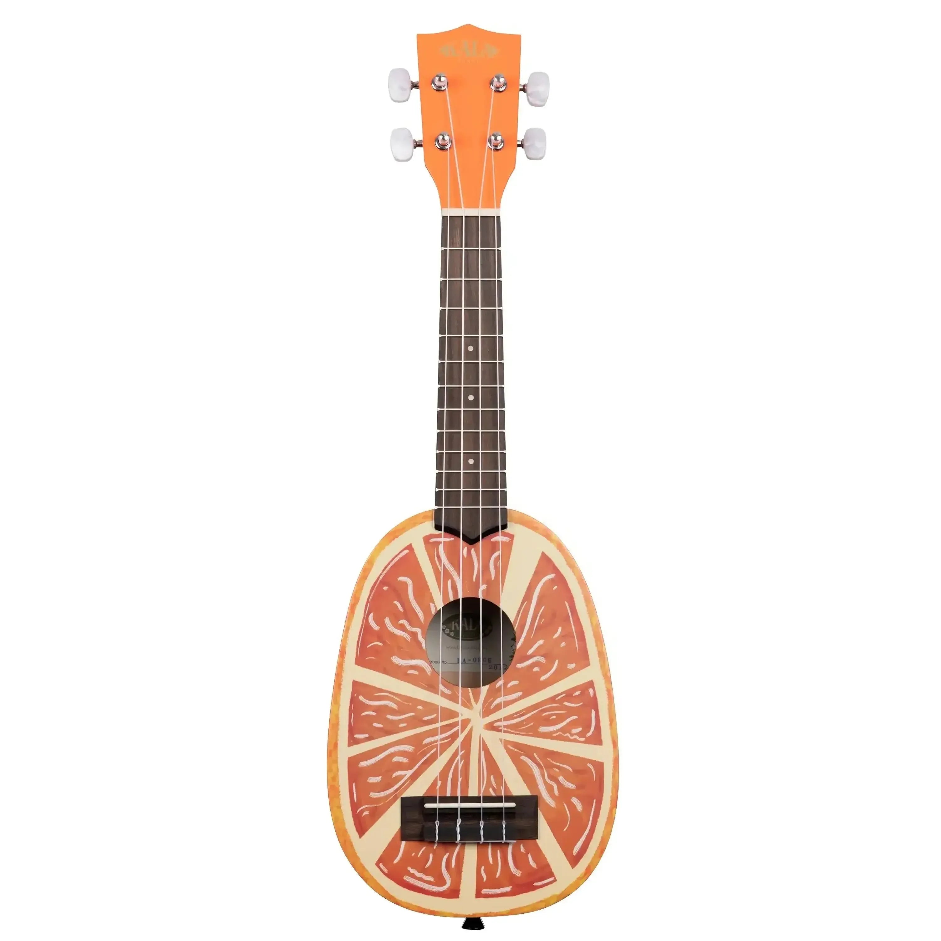 Kala orange pineapple soprano ukulele with a grapefruit slice design, mahogany body, and white tuners.