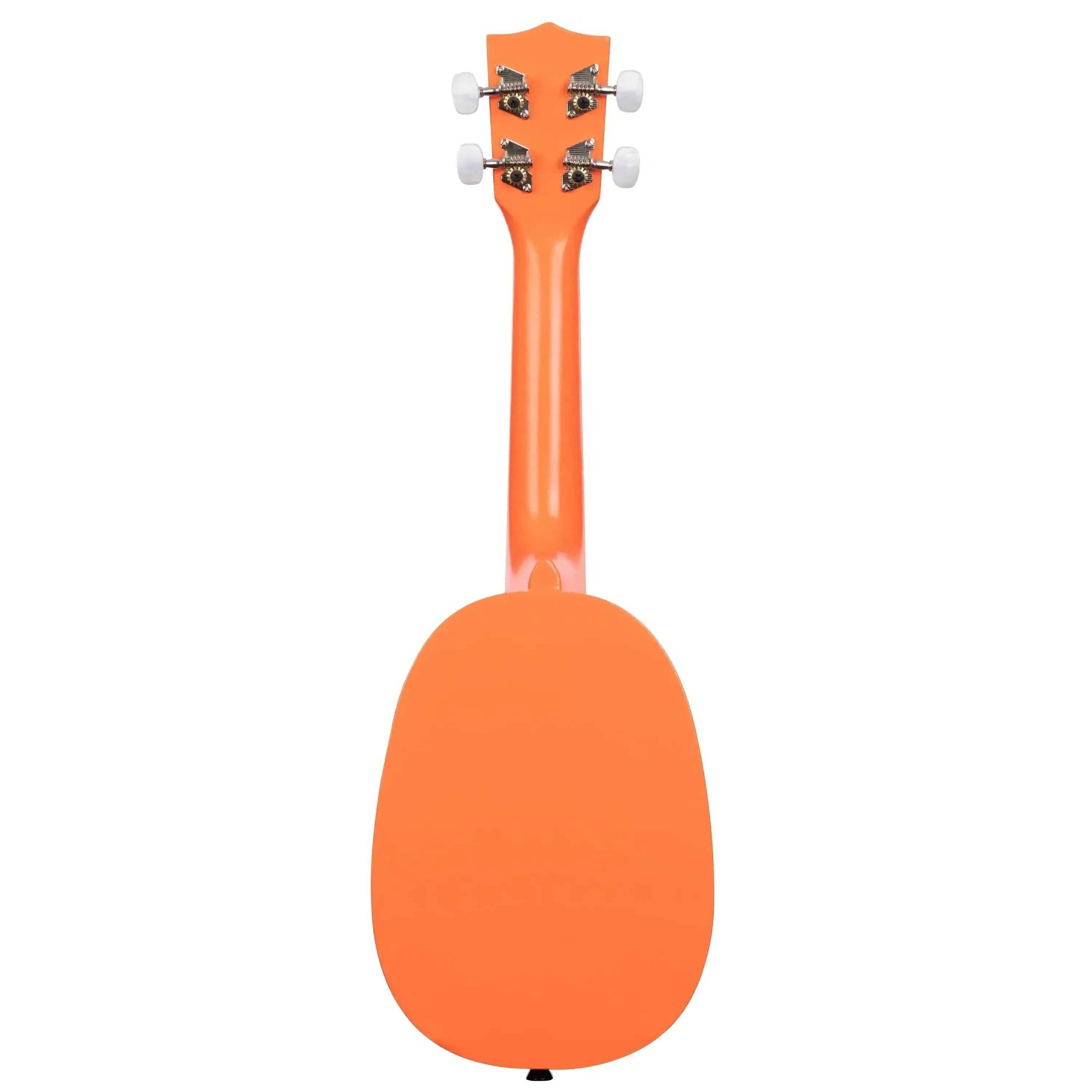 Back view of a vibrant orange Kala pineapple soprano ukulele with chrome open-gear tuners.