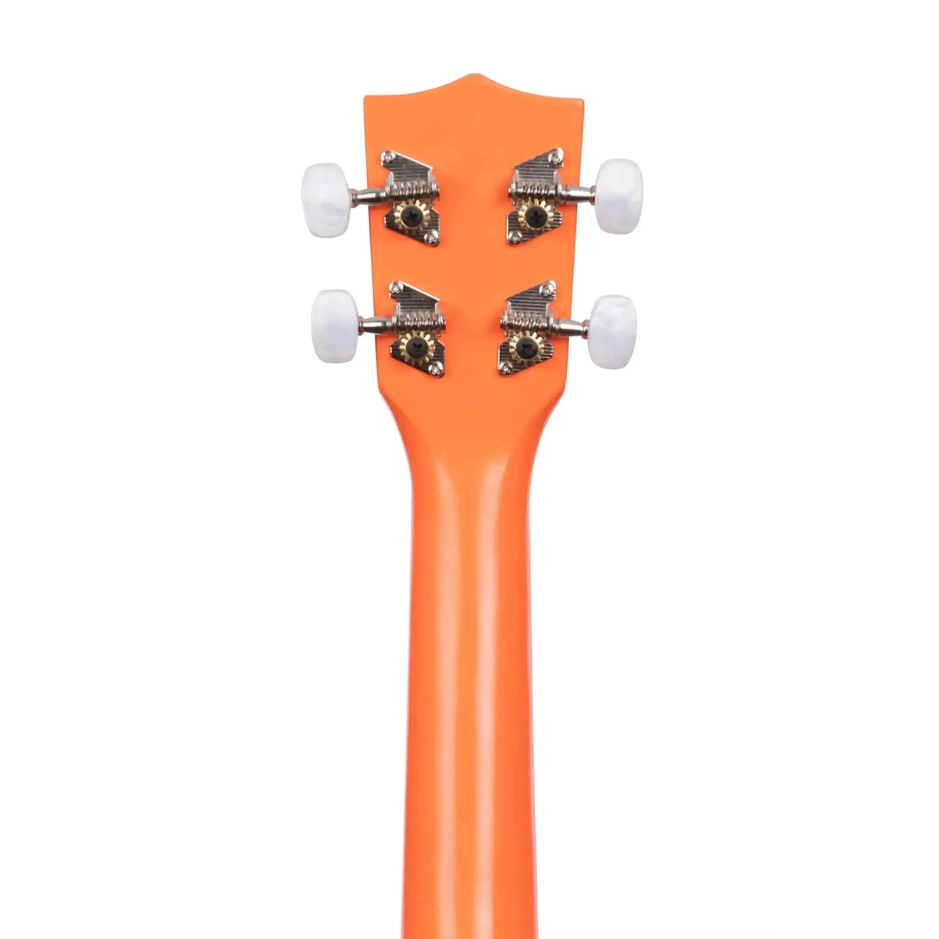 Back of Kala orange mahogany soprano ukulele headstock with chrome open-gear tuners and white knobs.