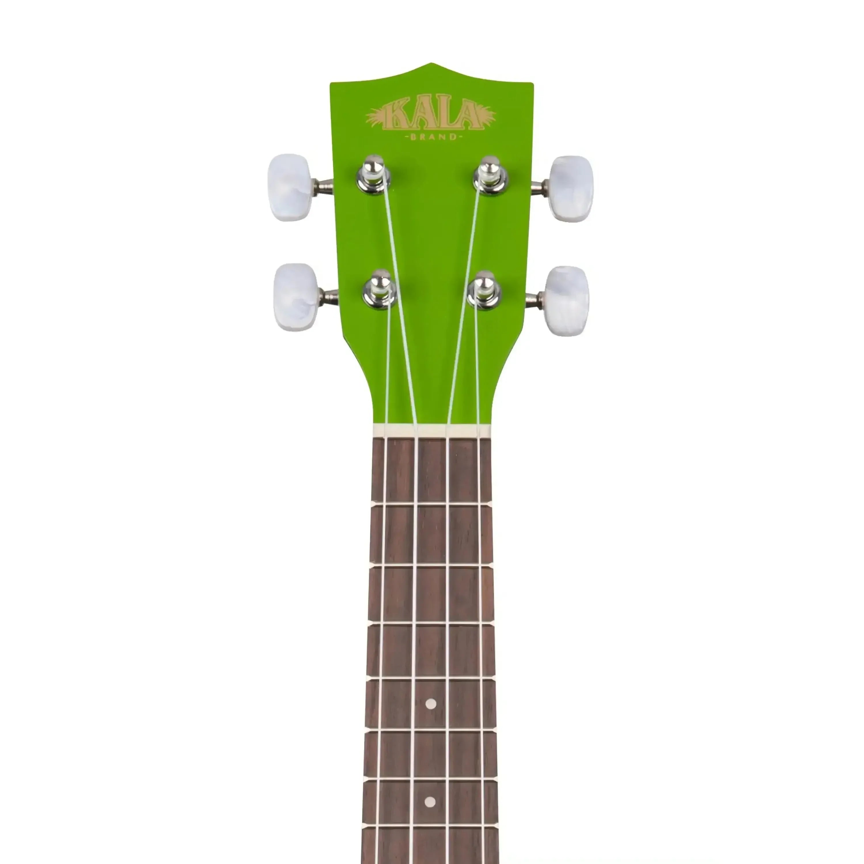 Kala Watermelon Pineapple Soprano Ukulele headstock with bright green finish and white tuners.