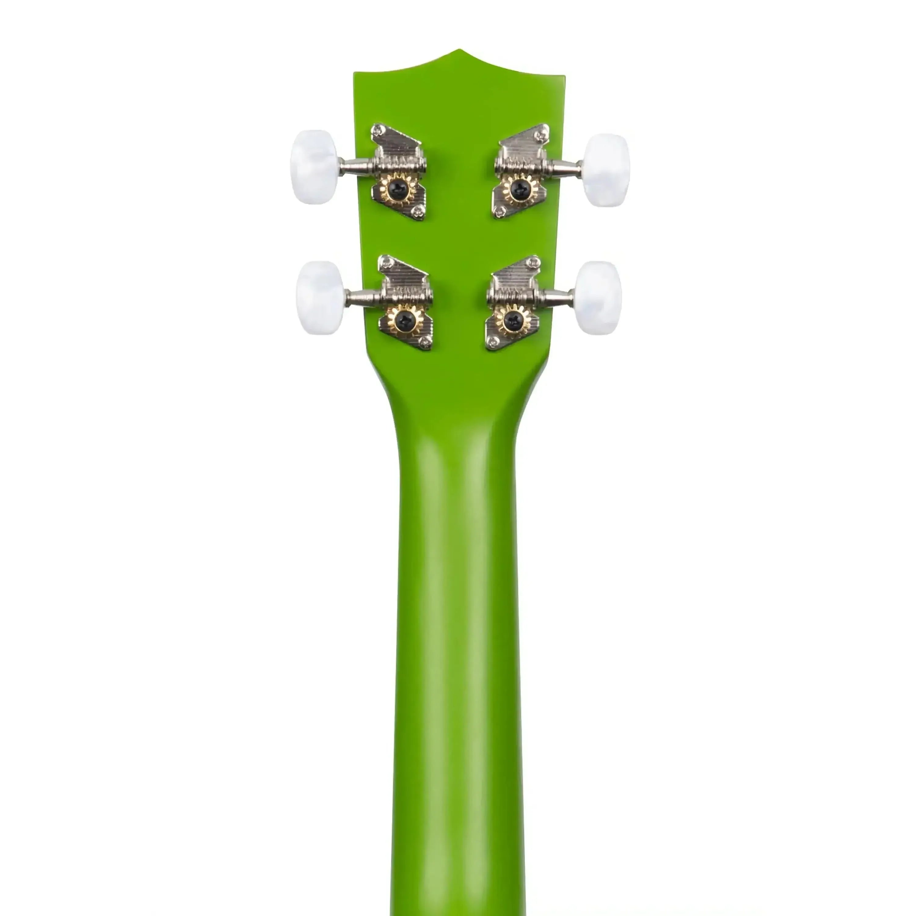 Back of Kala Watermelon Pineapple Soprano Ukulele headstock, bright green with chrome open gear tuners.