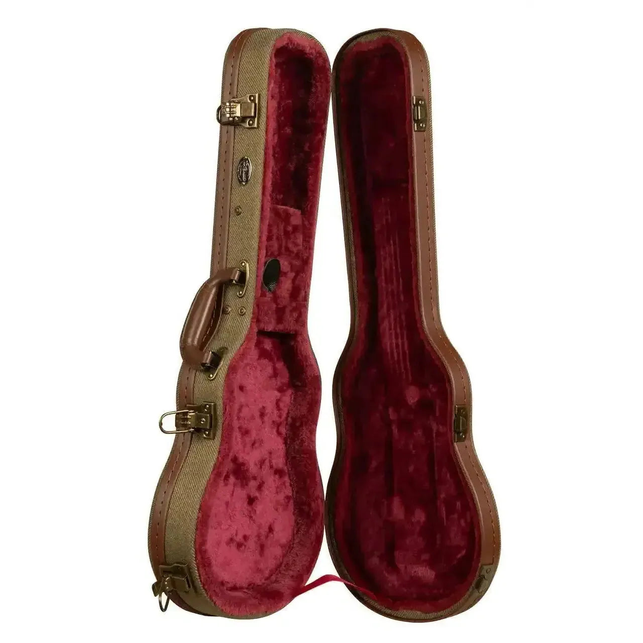 Kala Baritone Revelator Ukulele Hardshell Case: Olive Tweed archtop with plush red interior and antique hardware.