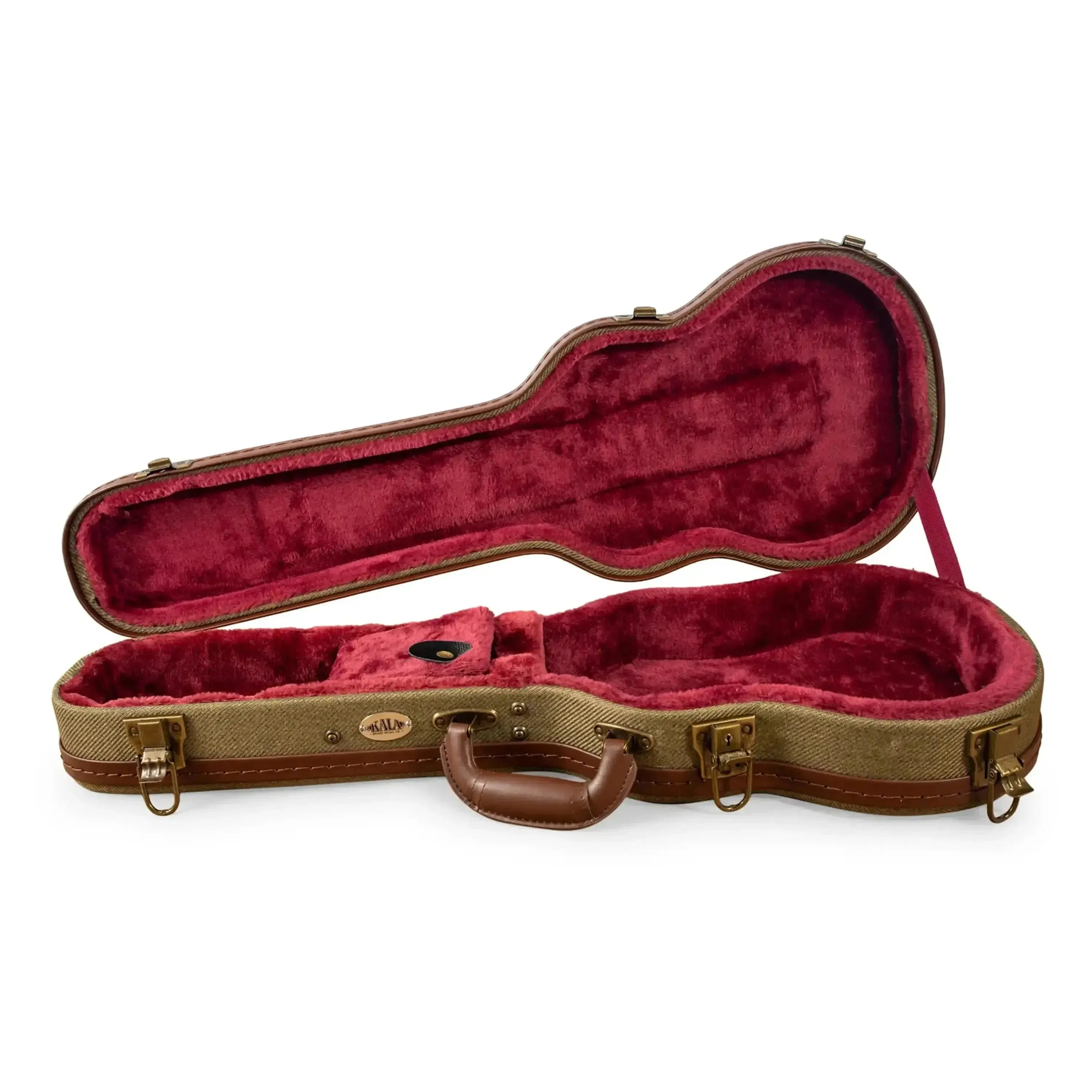Kala Concert Ukulele Archtop Hardshell Case in olive tweed with brown trim and wine plush interior.