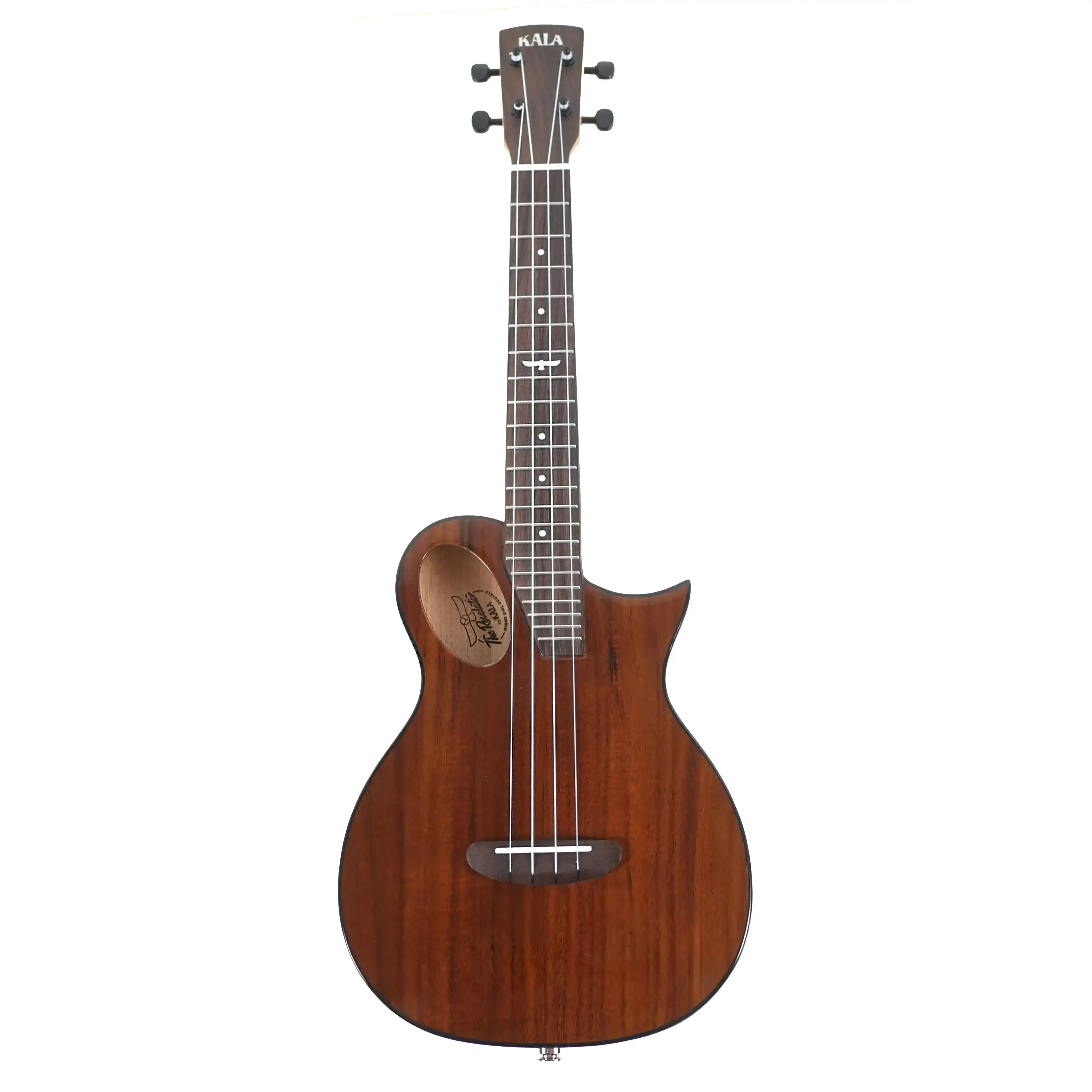 Kala Revelator Night Owl Acacia Tenor Ukulele with Florentine cutaway and Bezier curve headstock.