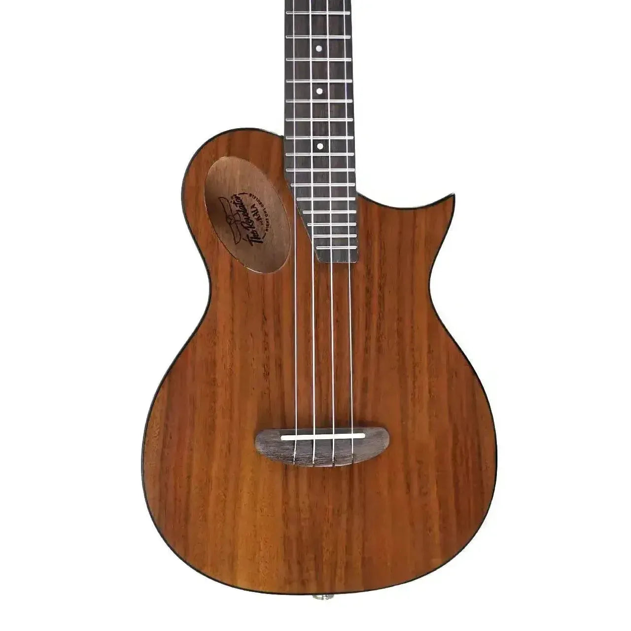 Kala Revelator Night Owl Acacia Tenor Ukulele with dark wood body, Florentine cutaway, and pickup.