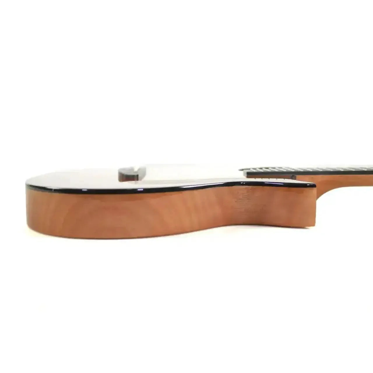 Side view of Kala Revelator Night Owl Acacia Tenor Ukulele with Florentine cutaway and gloss finish.