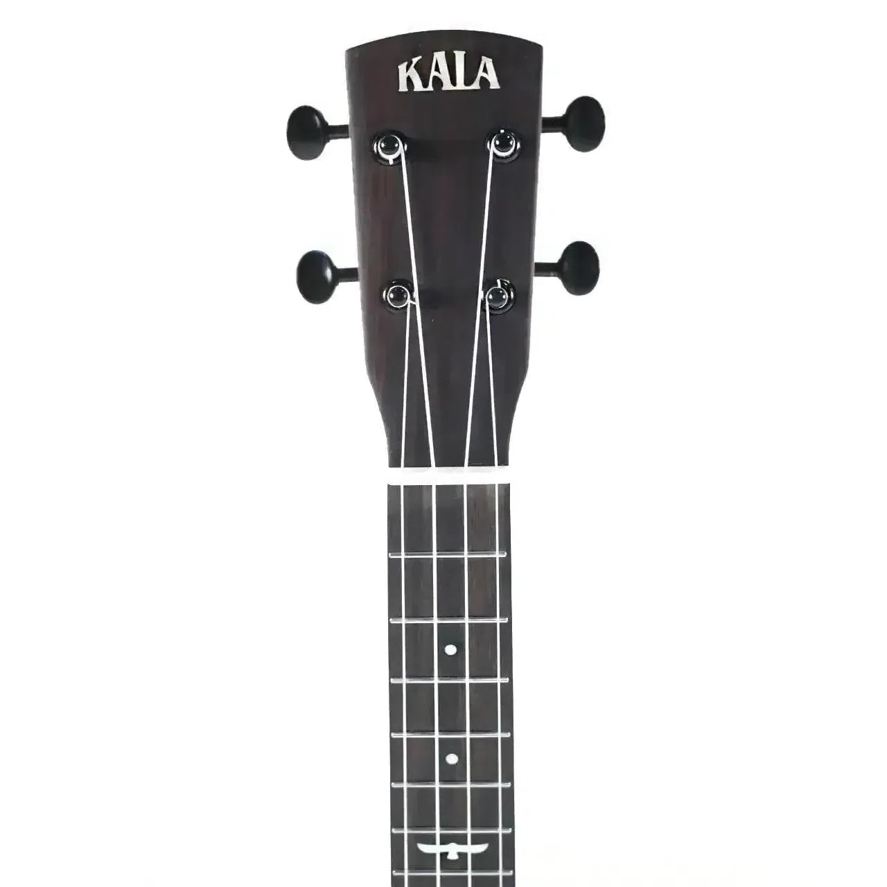 Kala Revelator Night Owl Tenor Ukulele headstock with dark wood, white Kala logo, and tuning pegs.