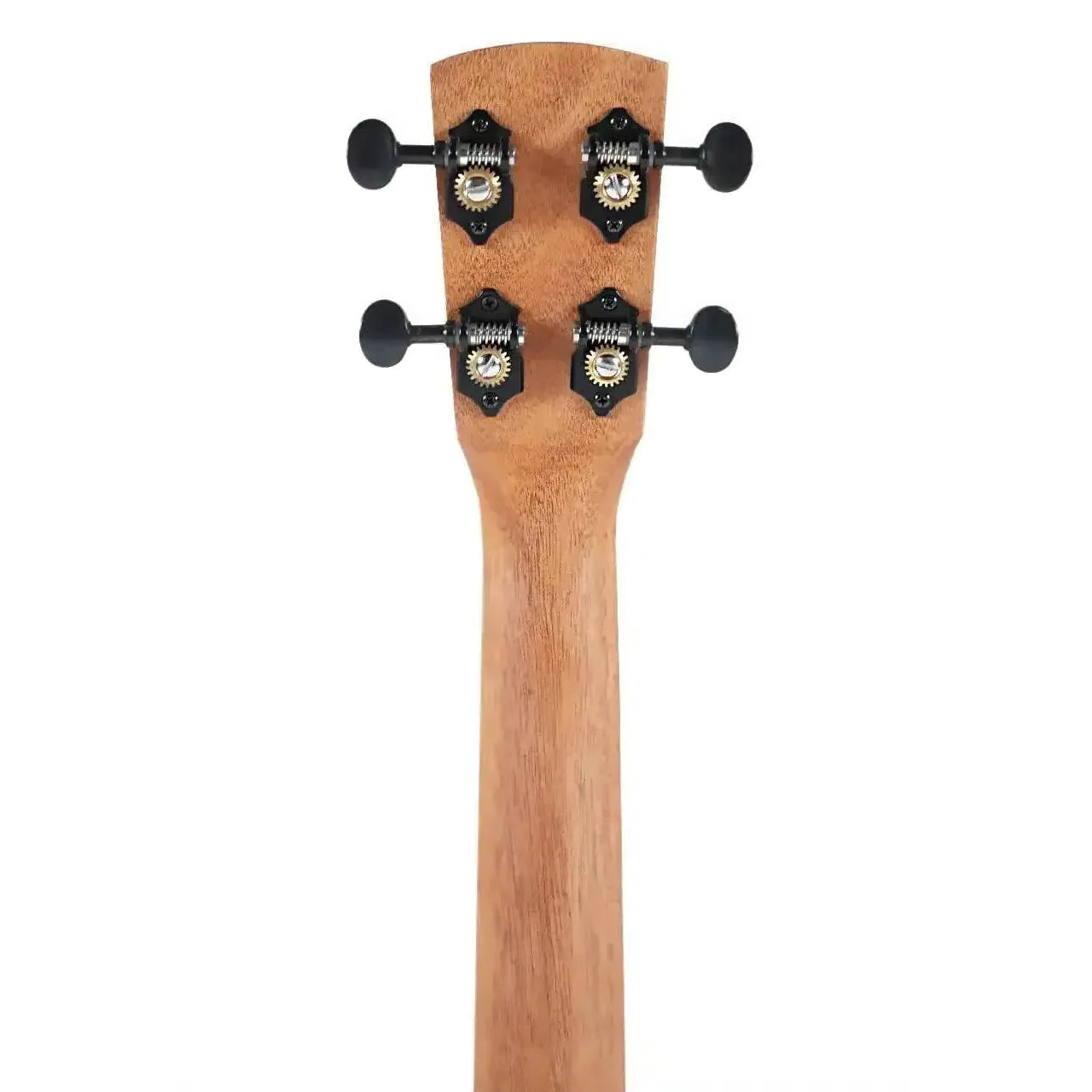 Back of Kala Revelator Night Owl Acacia Tenor Ukulele headstock and neck with black tuners.
