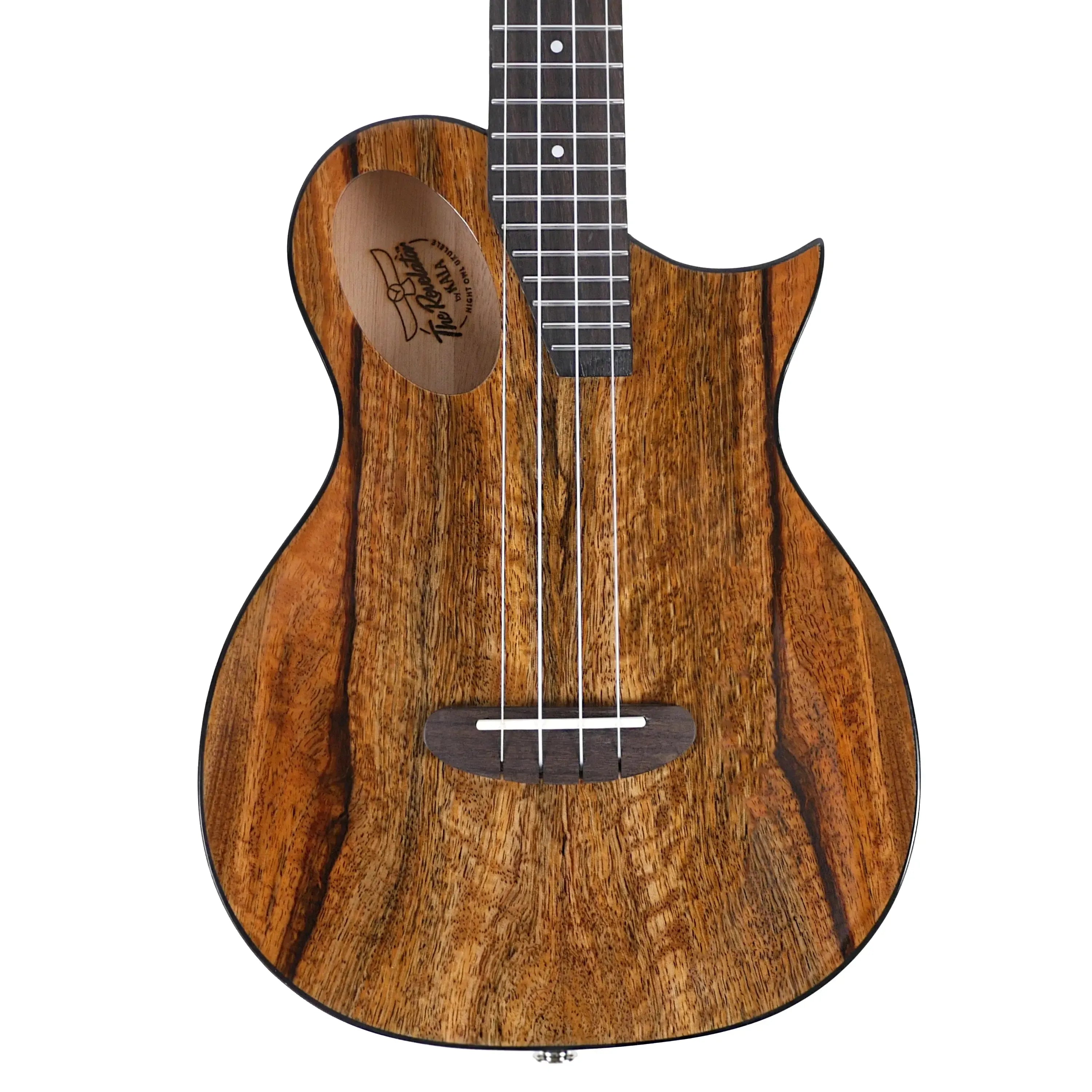 Kala Revelator Night Owl Mango Tenor Ukulele with a Florentine cutaway, dark wood grain, and Bezier curve headstock.