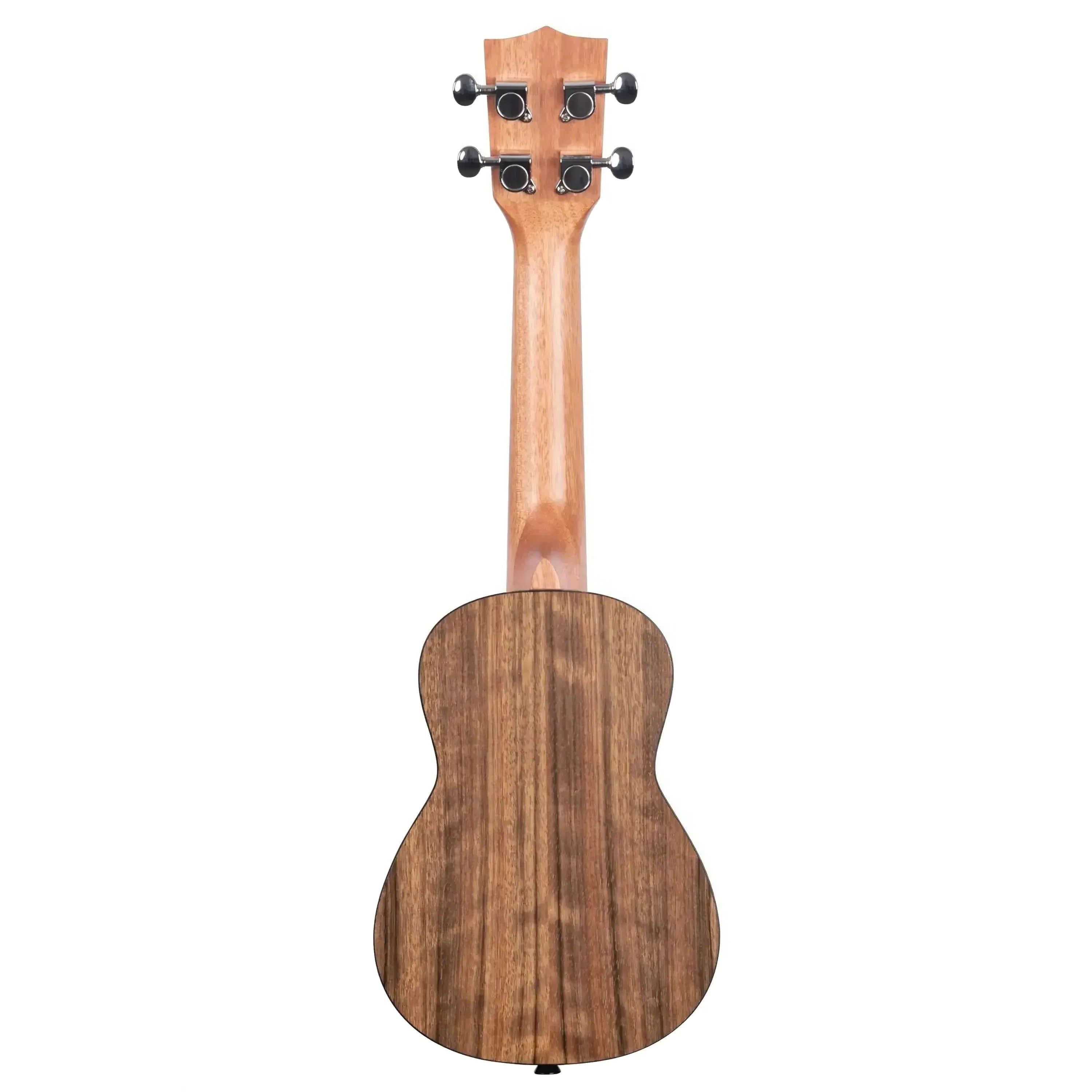 Kala Pacific Walnut Soprano Ukulele, back view, showing rich wood grain and dark tuning pegs.