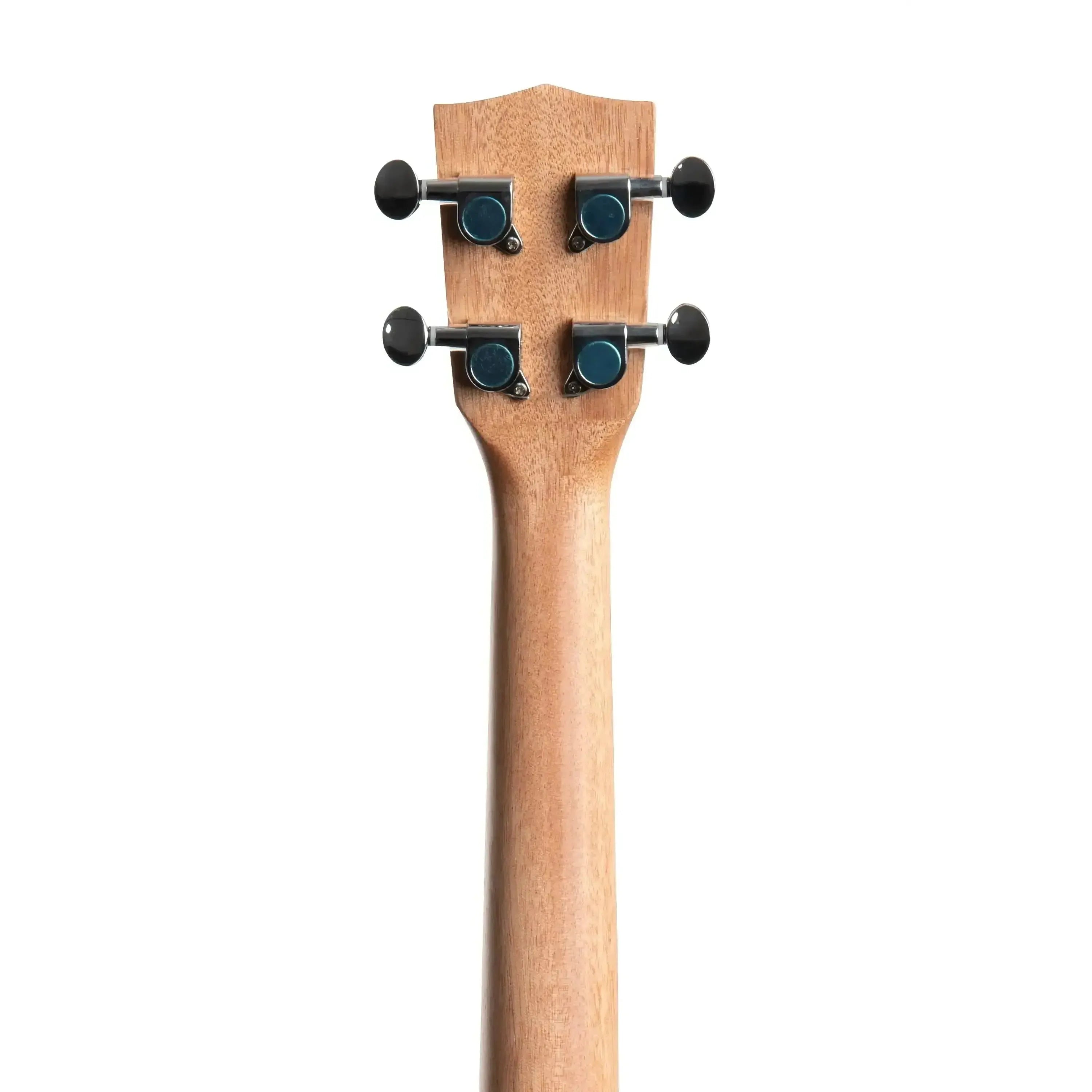 Back of Kala Pacific Walnut left-handed tenor ukulele headstock with black tuners and mahogany neck.