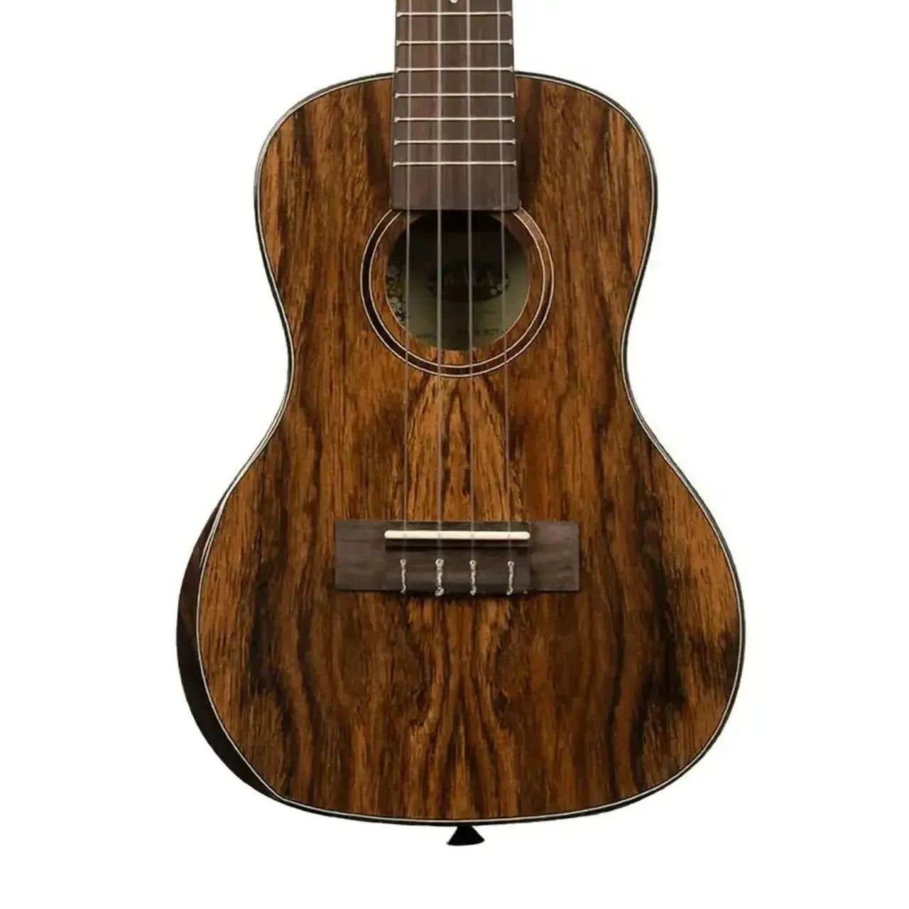 Kala Premier Exotic Bocote Concert Ukulele with dark wood grain, soundhole, and bridge.