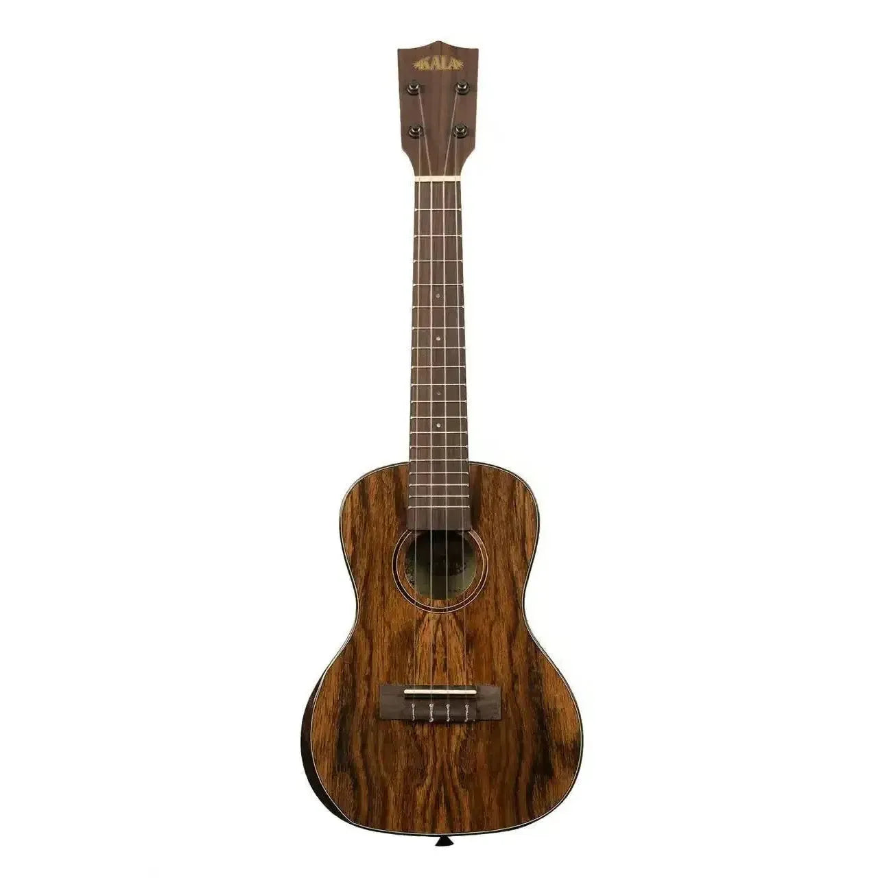 Kala Premier Exotic Bocote Concert Ukulele with dark, glossy bocote wood grain and rosewood fretboard.