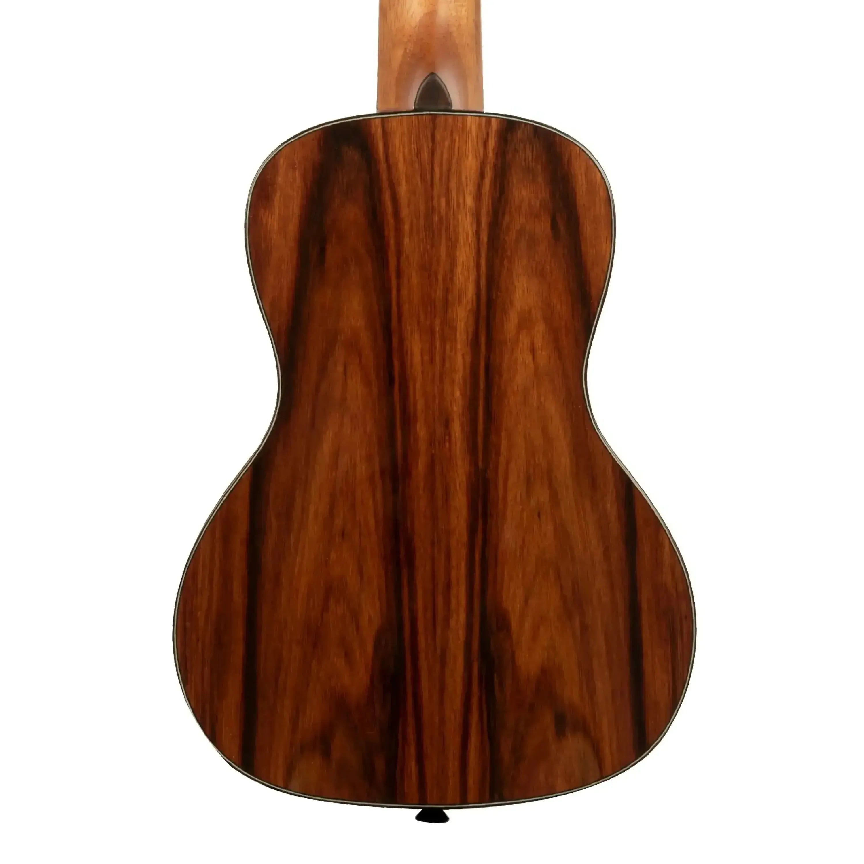 Back of a Kala Premier Exotic Macawood Concert Ukulele with dark wood grain and rosewood binding.