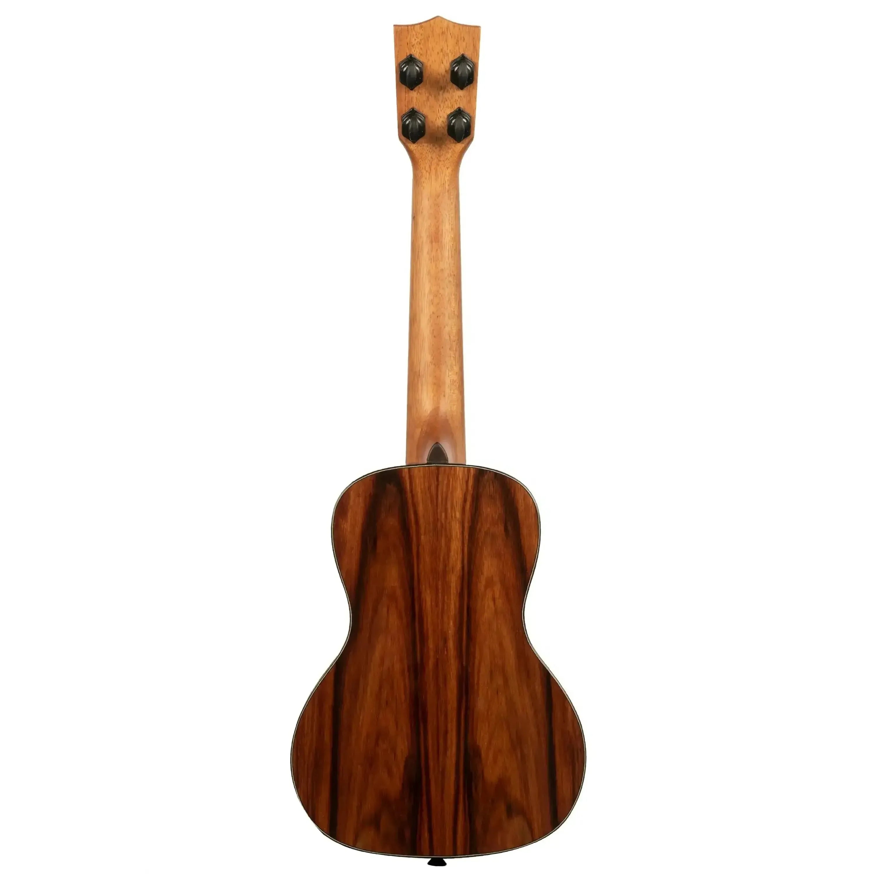 Back of Kala Premier Exotic Macawood Concert Ukulele, showing rich brown wood grain and black tuners.