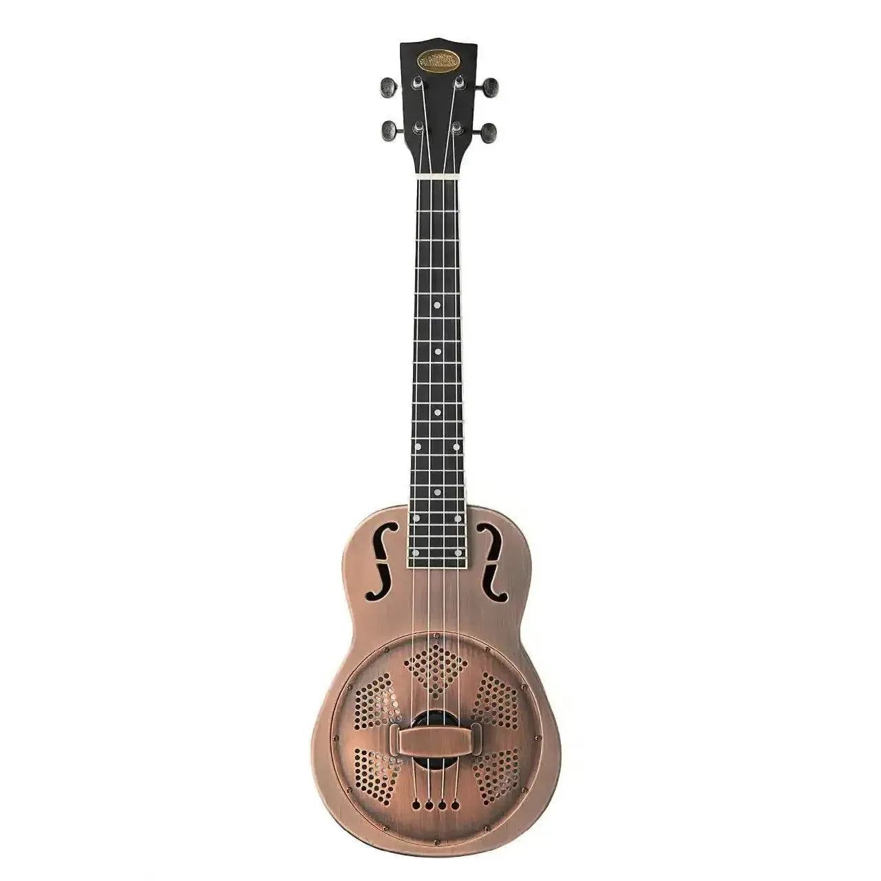 Kala Resonator Baritone Ukulele with brushed copper finish, Bell Brass body, and black headstock.