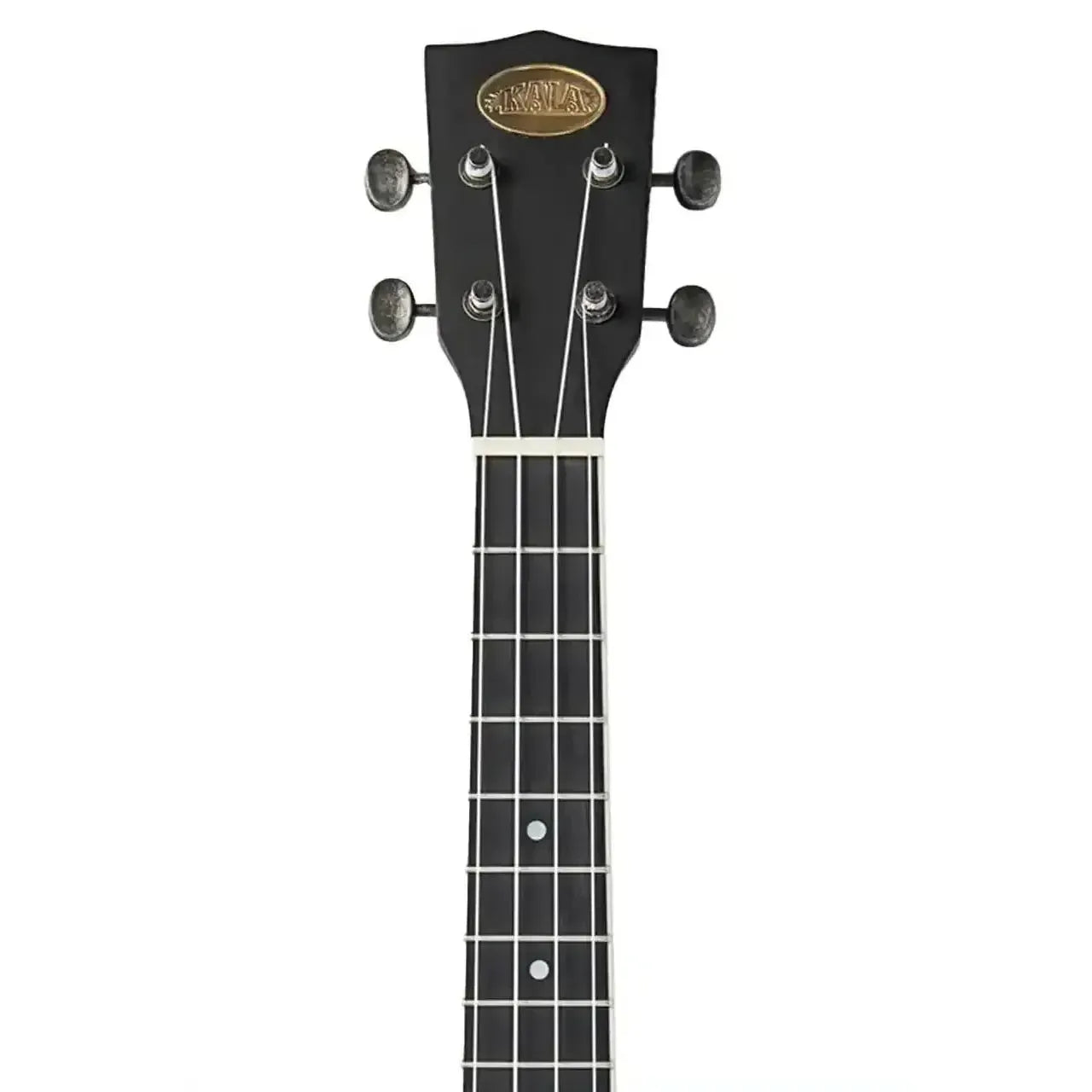 Kala Resonator Baritone Ukulele headstock with black finish, brass logo, and tuning pegs.