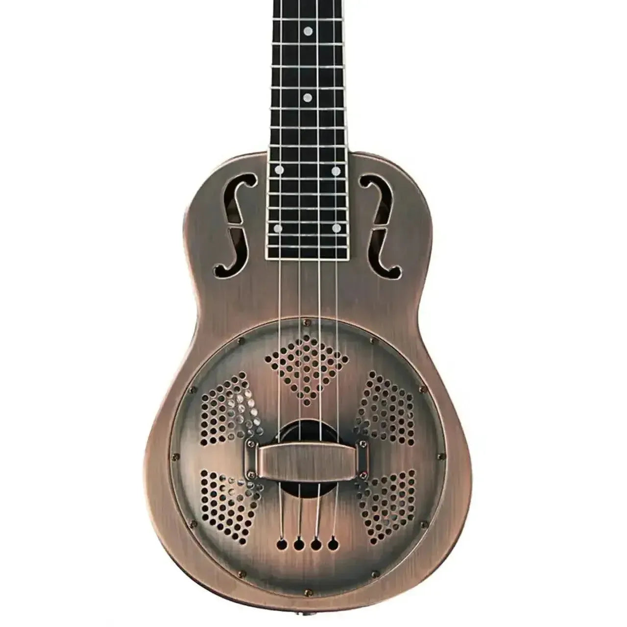 Kala Resonator Tenor Ukulele with brushed copper bell-brass body, S-holes, and perforated resonator cone.