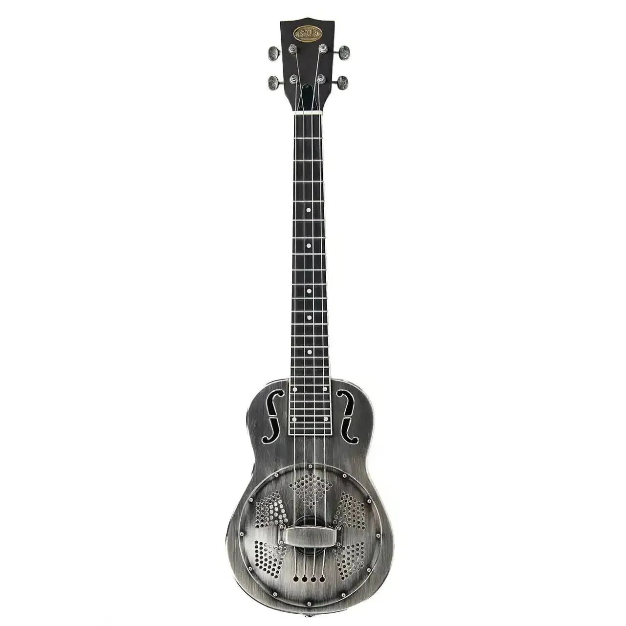 Kala Resonator Baritone Ukulele with brushed nickel bell-brass body and dark fretboard.