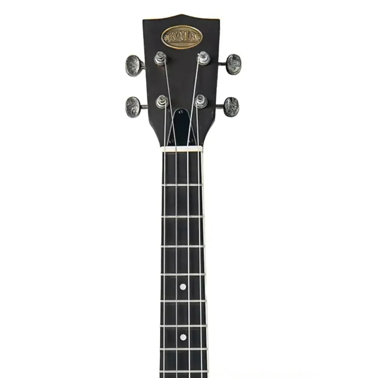 Kala Resonator Baritone Ukulele headstock with brushed nickel tuners and black finish.
