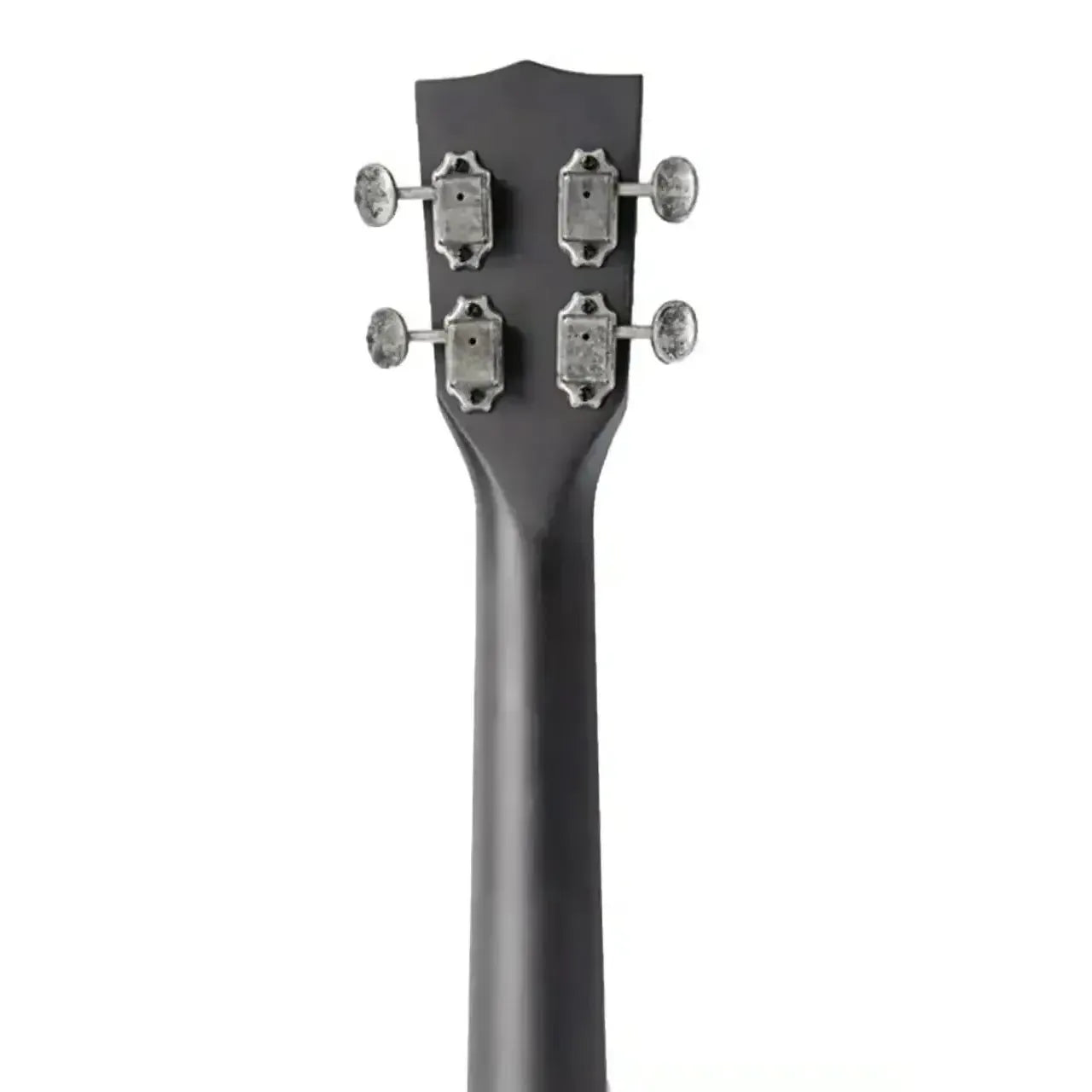 Kala Resonator Baritone Ukulele's dark gray headstock with four brushed nickel tuners.