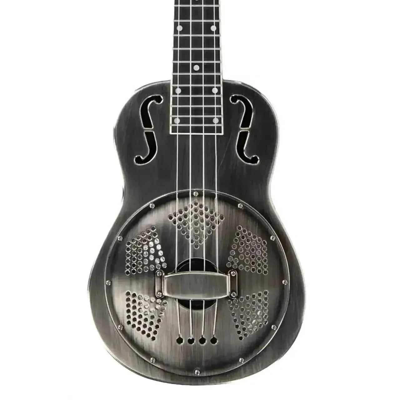 Kala Resonator Tenor Ukulele with brushed nickel bell-brass body, f-holes, and resonator cone.