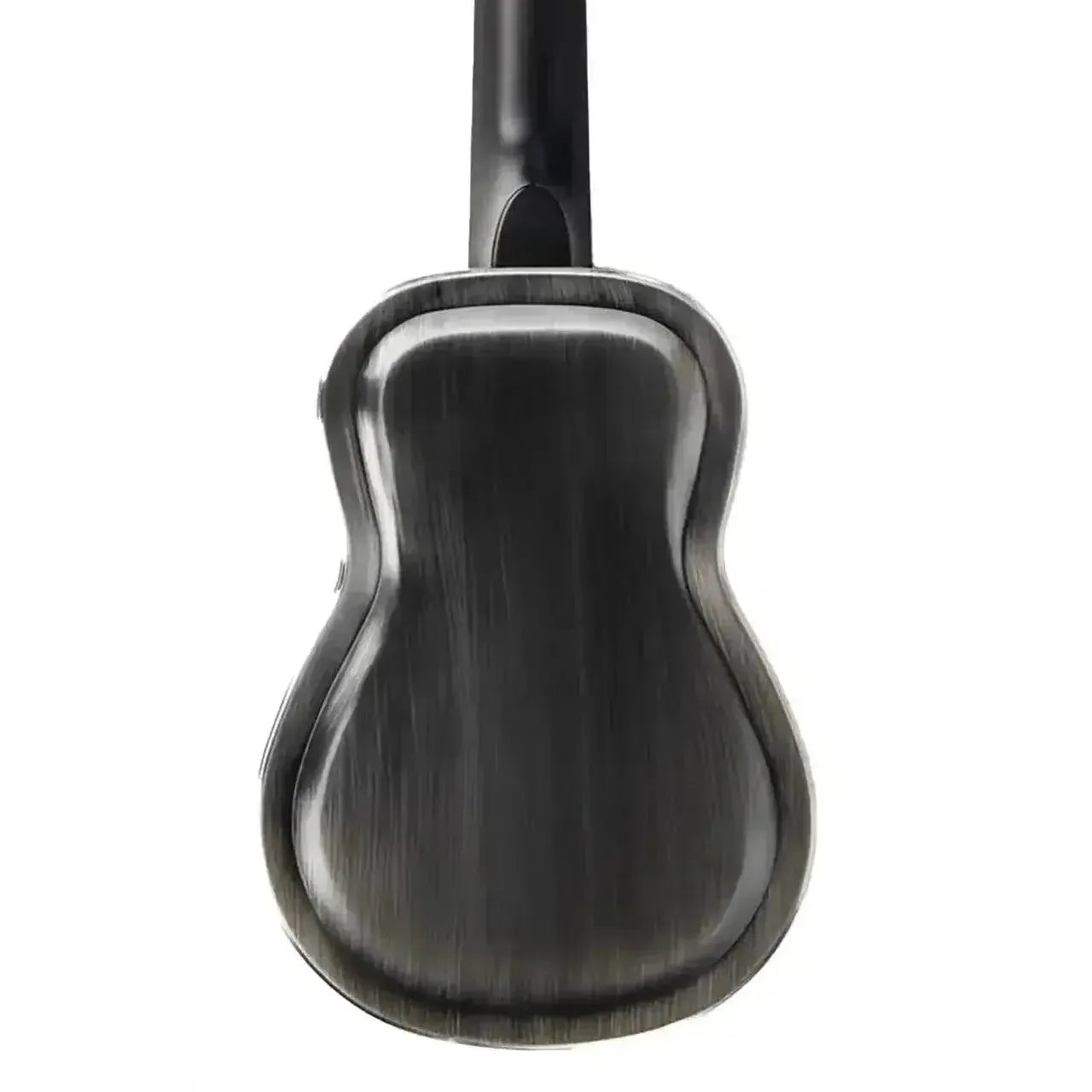 Back of Kala Resonator Tenor Ukulele with matte antiqued brushed nickel bell-brass body and mahogany neck.