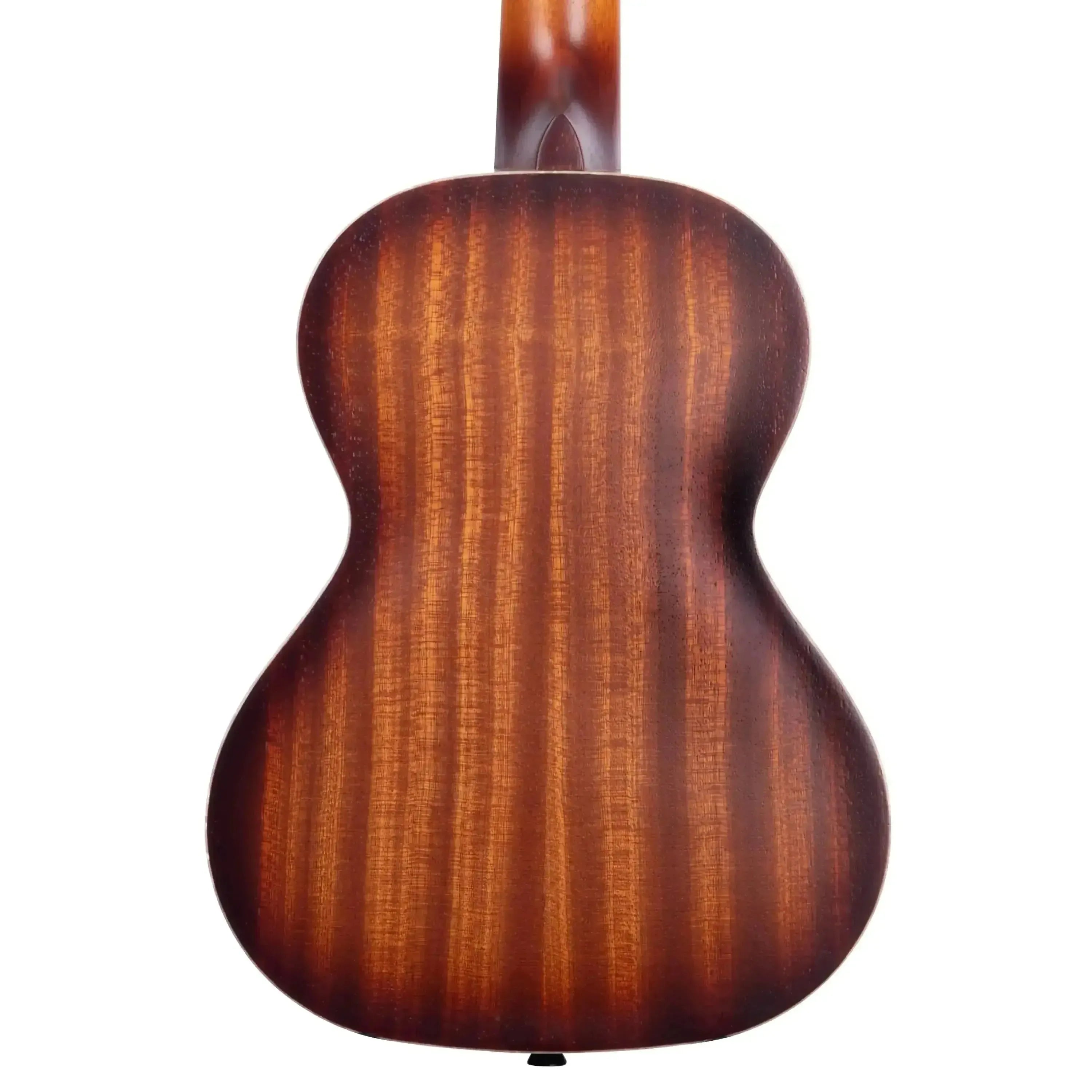 Kala Brass Resonator Tenor Ukulele back with sunburst satin mahogany finish and black strap button.