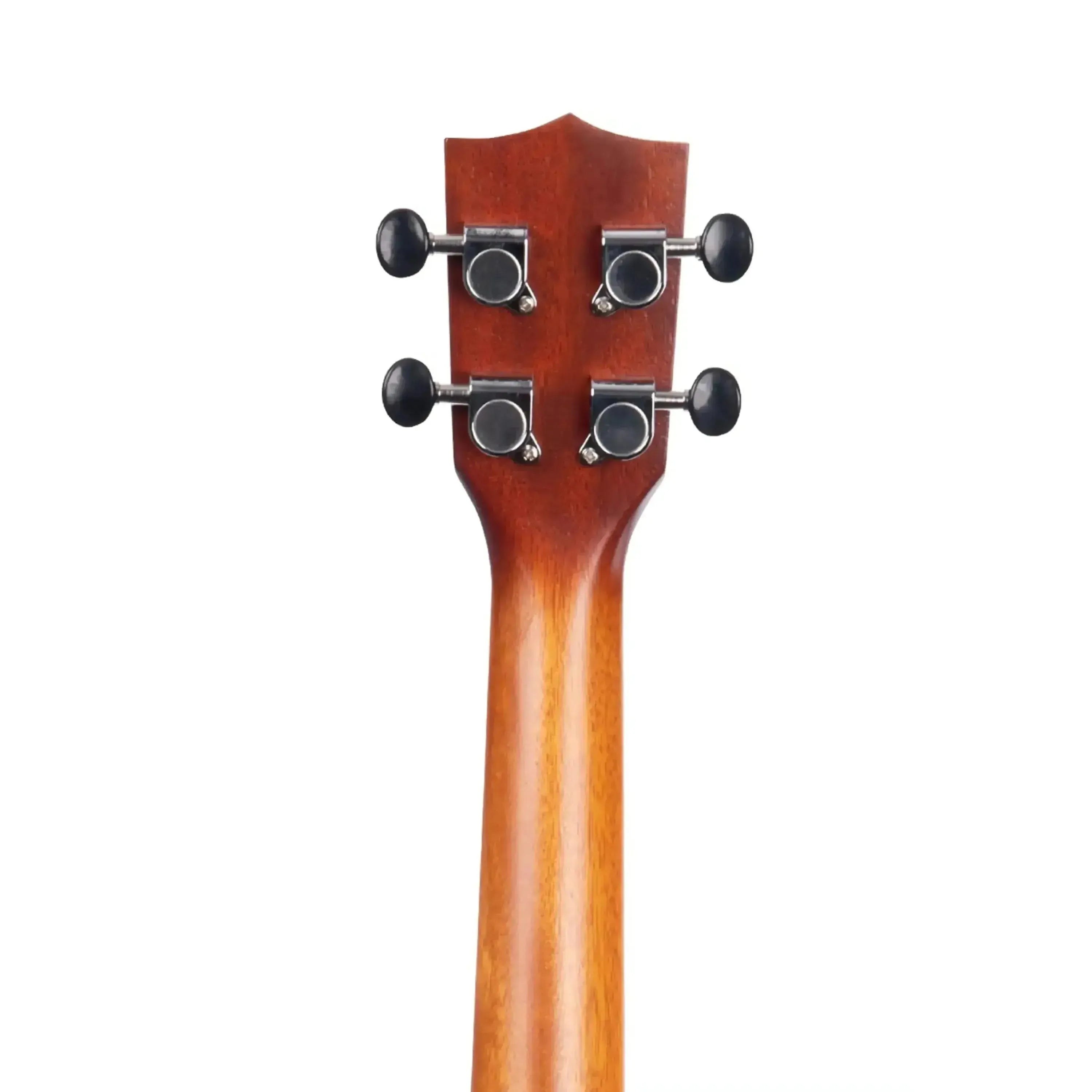 Back of a Kala Brass Resonator Tenor Ukulele headstock and neck, showing black tuners on mahogany wood.