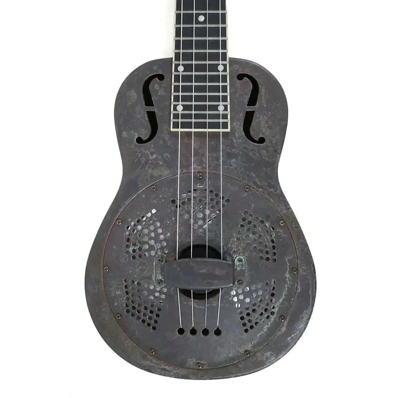 Kala Antique Copper Resonator Baritone Ukulele with dark bell brass body and f-holes.