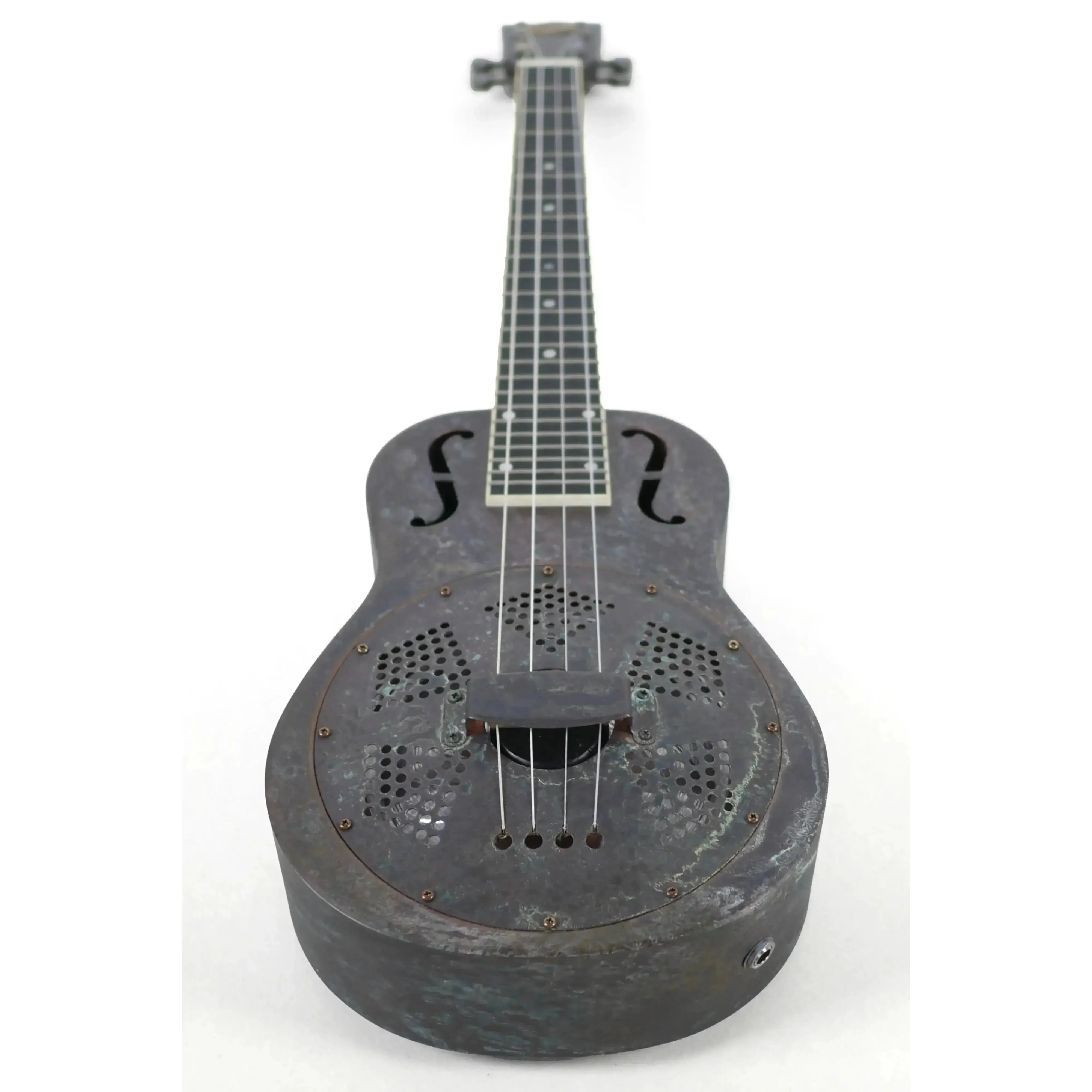 Kala Antique Copper Resonator Baritone Ukulele with dark bell brass body and f-holes.