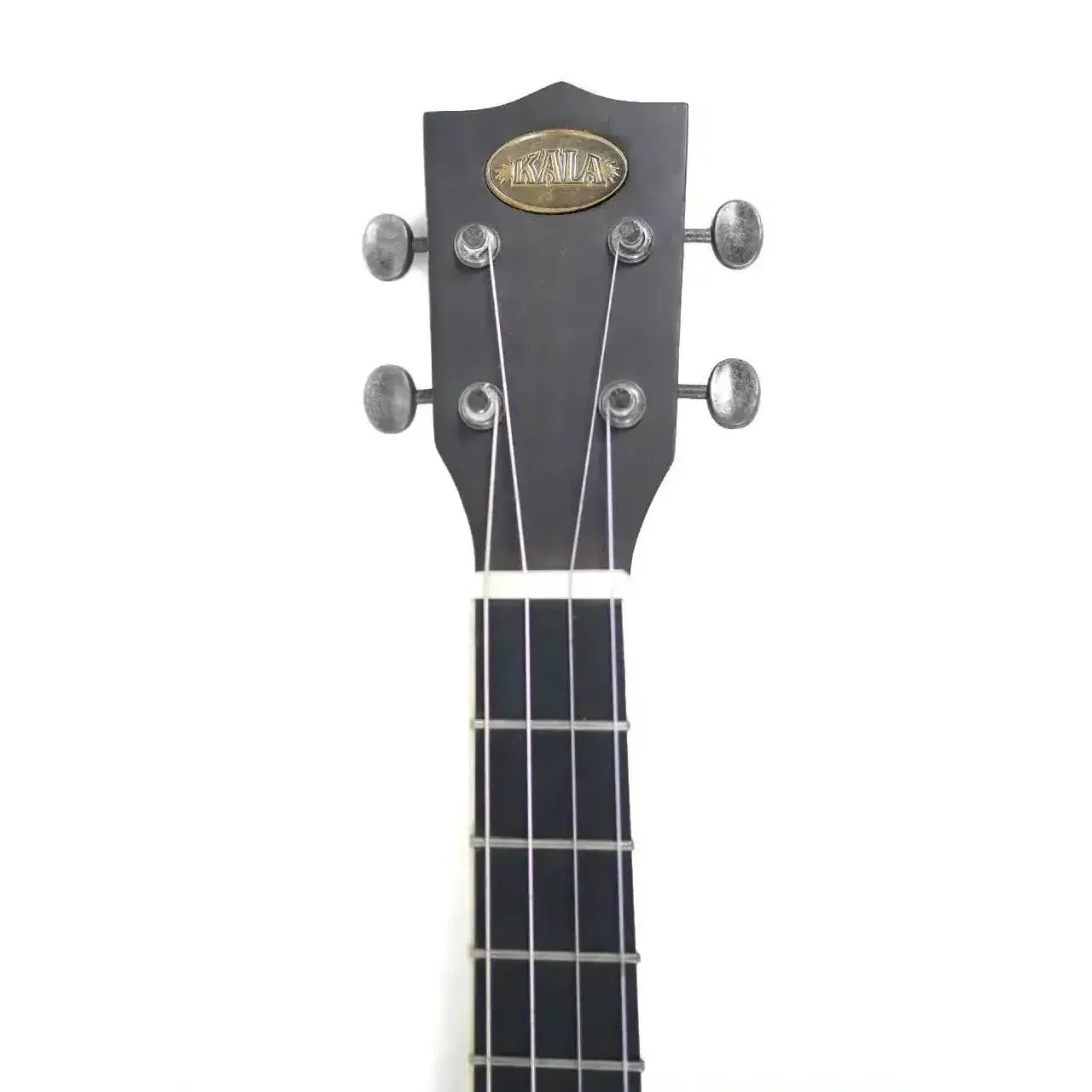 Kala baritone ukulele headstock: dark matte finish, antique copper Kala logo, silver tuning pegs.