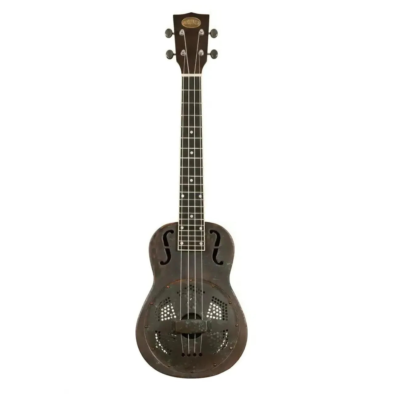 Kala Resonator Antique Copper Tenor Ukulele with bell brass body and dark mahogany neck.