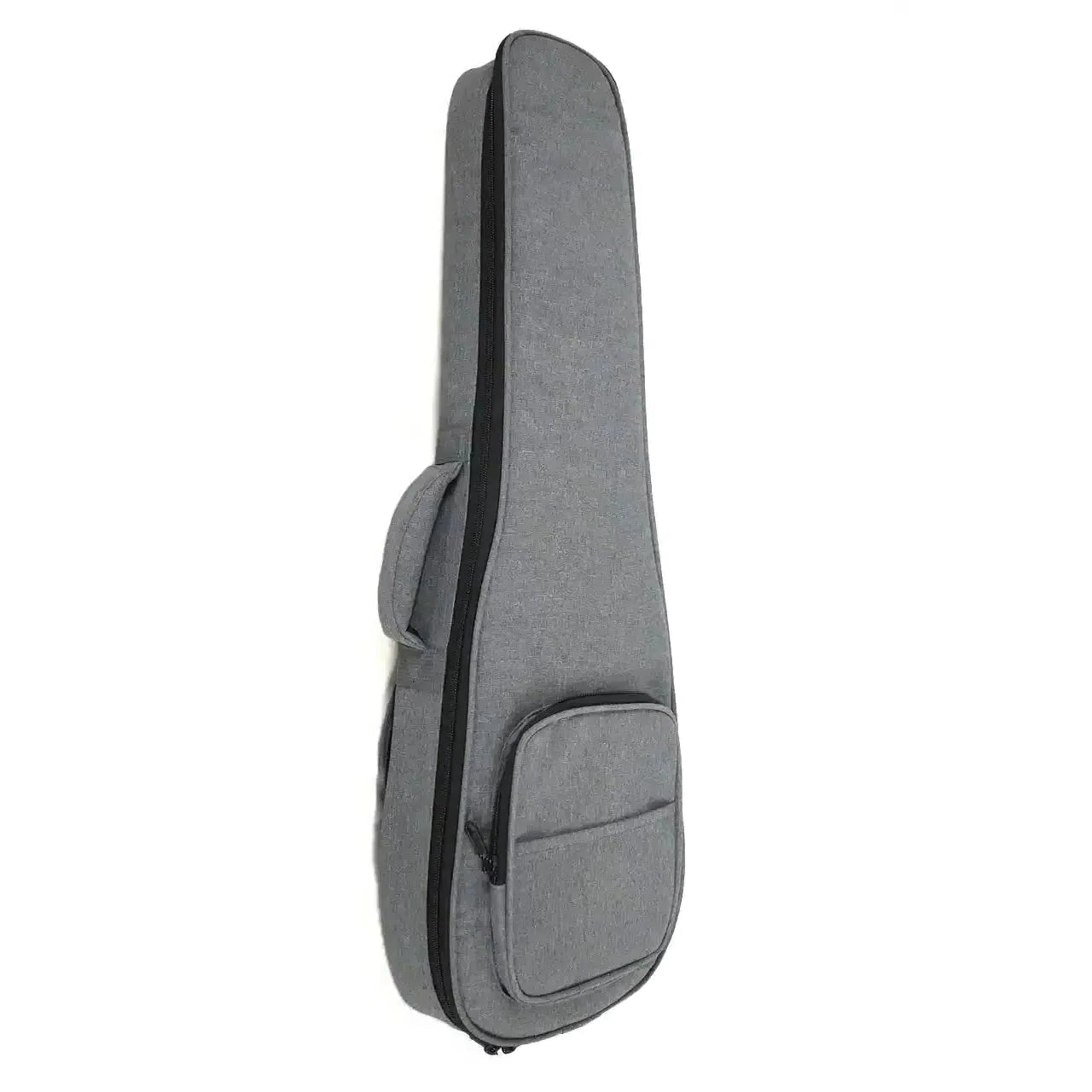 Gray ukulele gig bag with black zippers and front pocket.